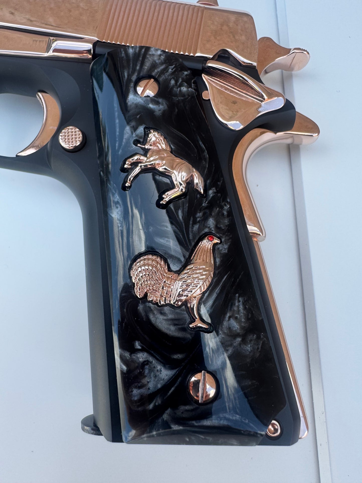 1911 Rooster Rampart Horse Rose Gold plated grips 45 38 super