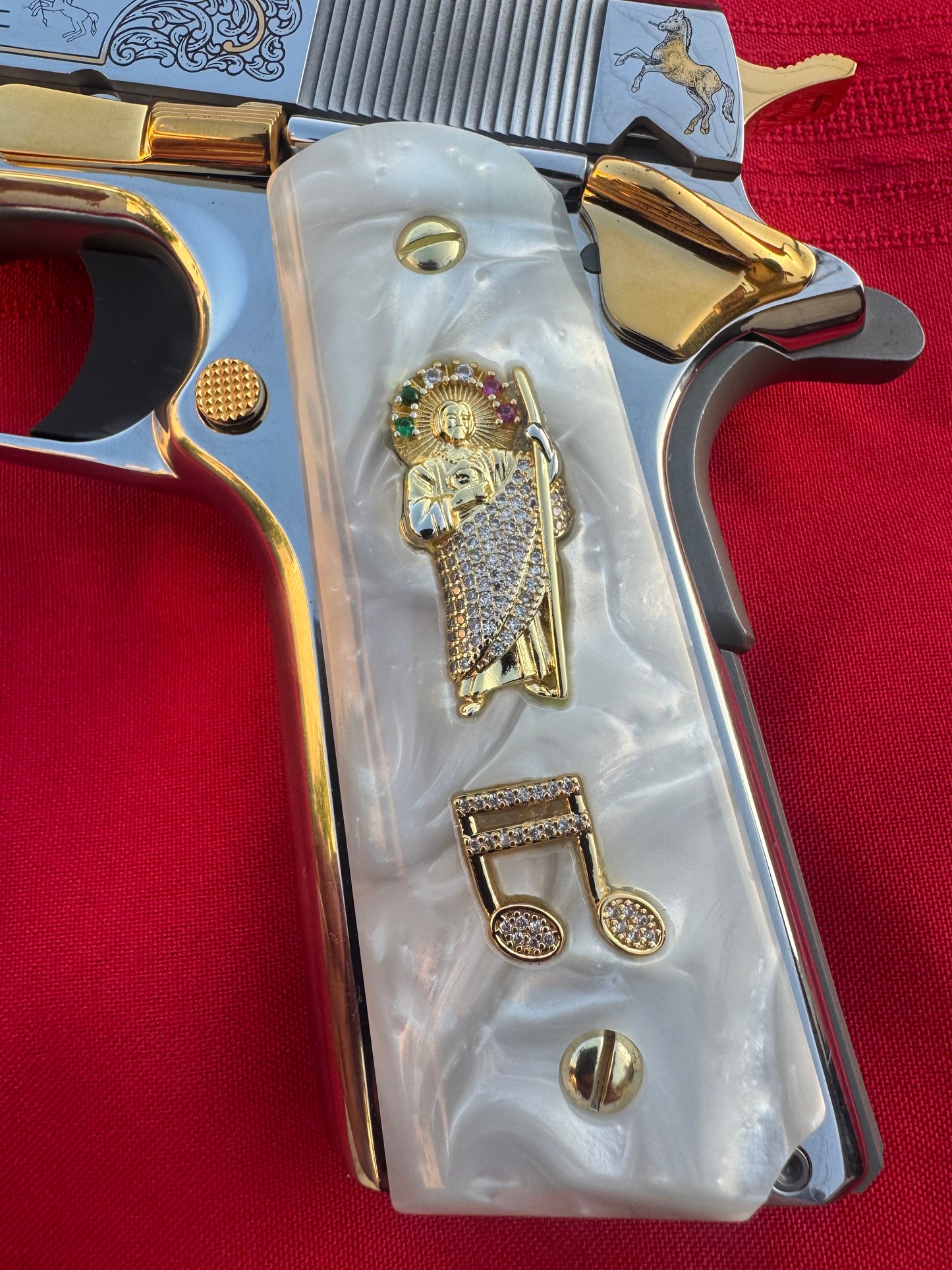 1911 White Pearl Grips – San Judas & Music Note Inlays with Gold plated Screws