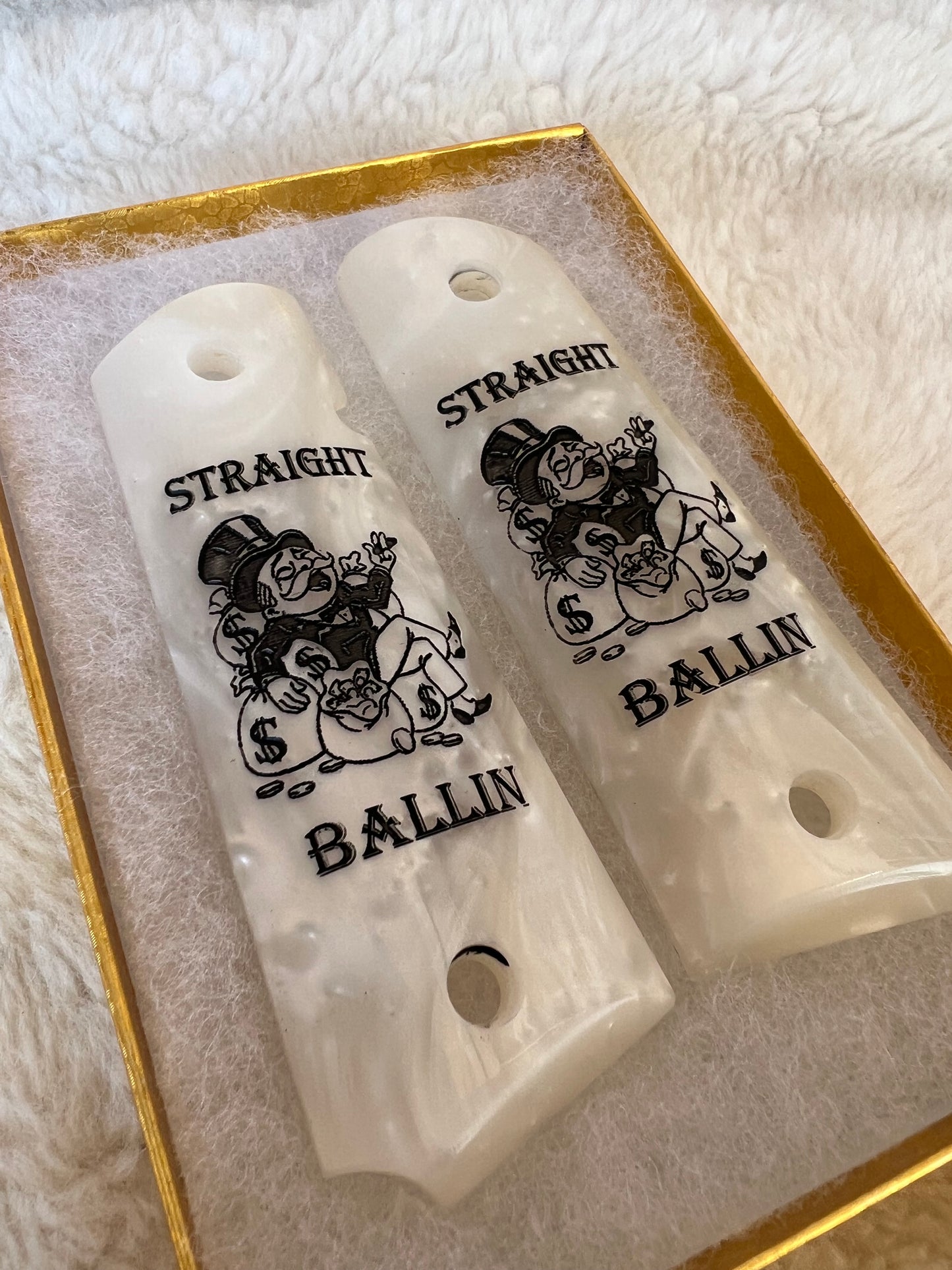 1911 Pearl Laser Engraved Monopoly Man Grips Image 45 acp 38 Super cal