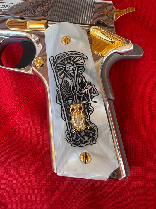 1911 Santa Muerte Design with CZ Gold Owl & 24K Gold Plated Screws White Pearlite Grips