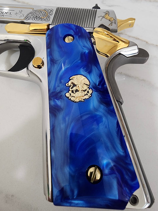 1911 Grips – Royal Swirl Blue Pearl with 24k Gold Plated Mexican Eagle Emblems (24k Gold Screws)