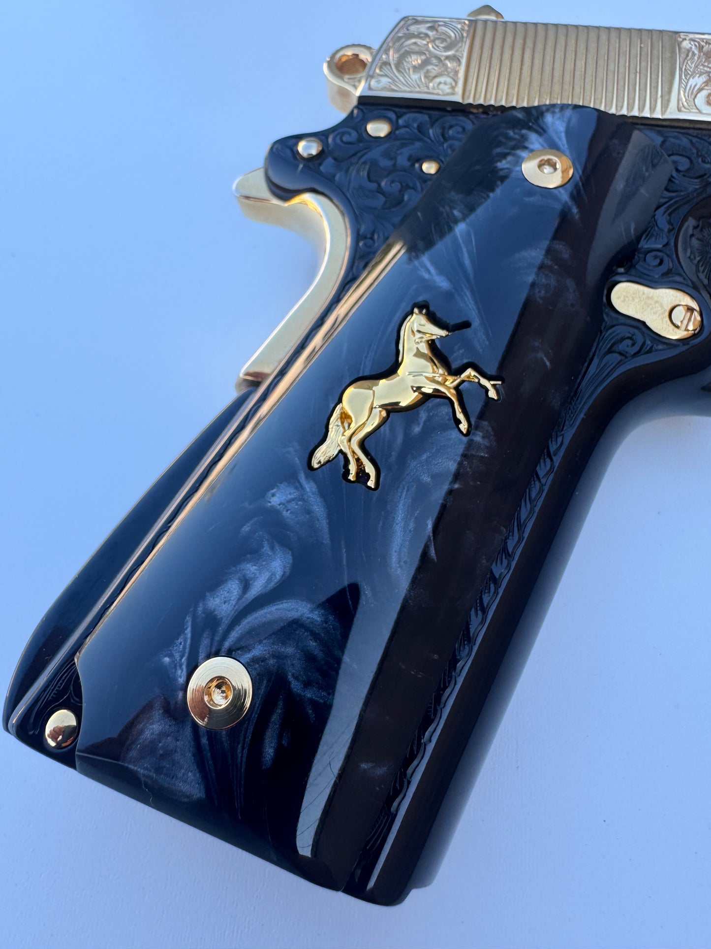 1911  Rampart Horse Black Pearl Grips 24k Plated .45 38 Super caliber