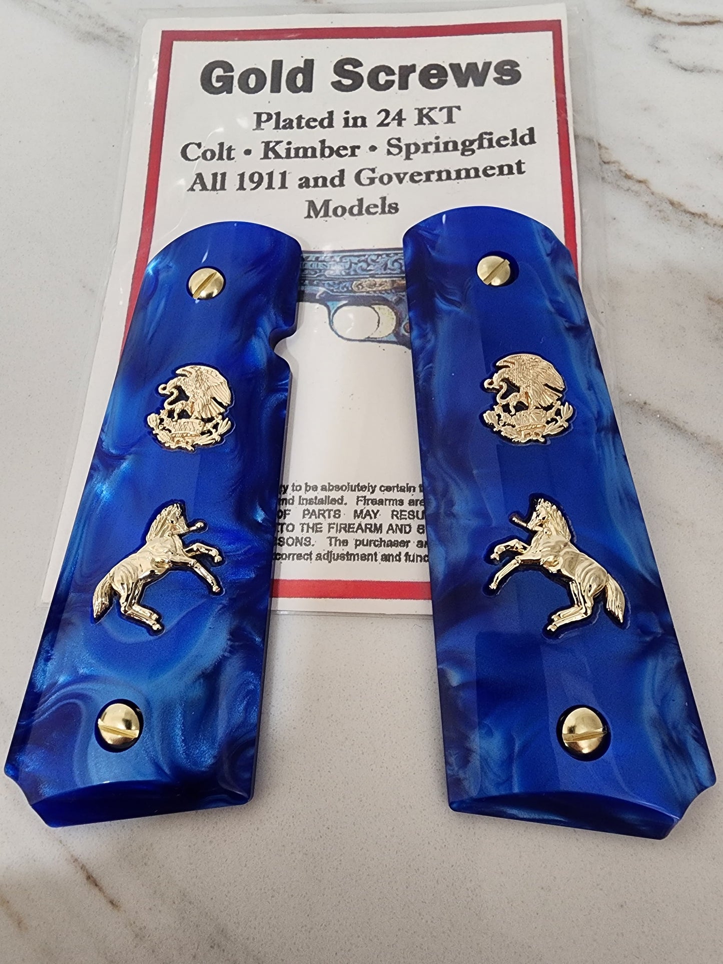 1911 Grips – Royal Swirl Blue Pearl with 24k Gold Plated Mexican Eagle and Rampart Horse Emblems (24k Gold Screws)