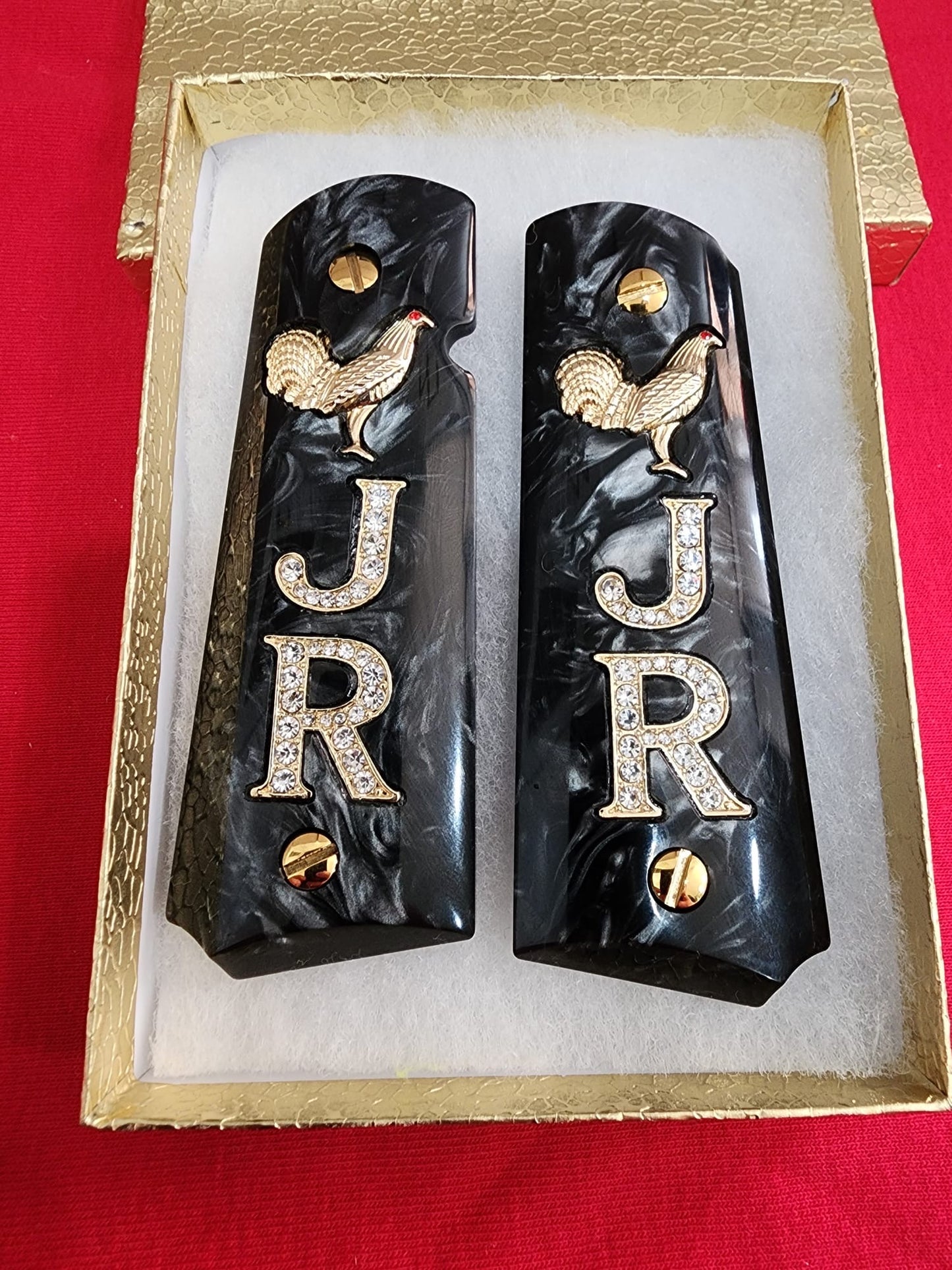 1911 White Pearlite Grips Gold plated “J” Rampant Horse “R” Inlays with 24K Gold Plated Screws