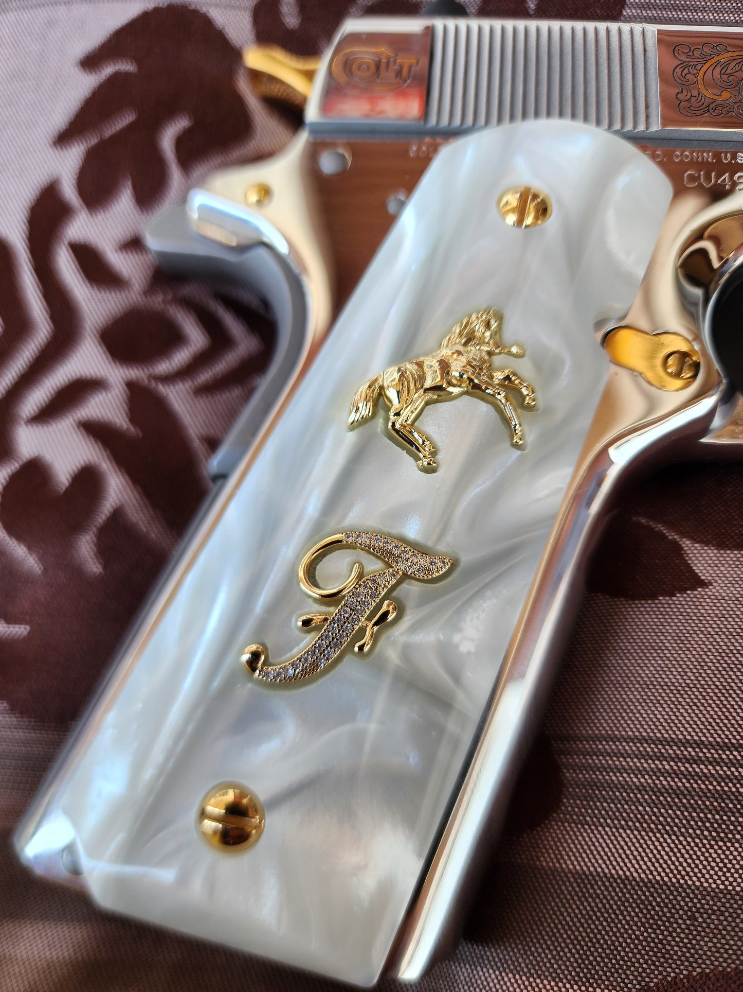 1911 White Pearl Grips Gold “F” Inlays with Horse Emblem & 24K Gold Plated Screws