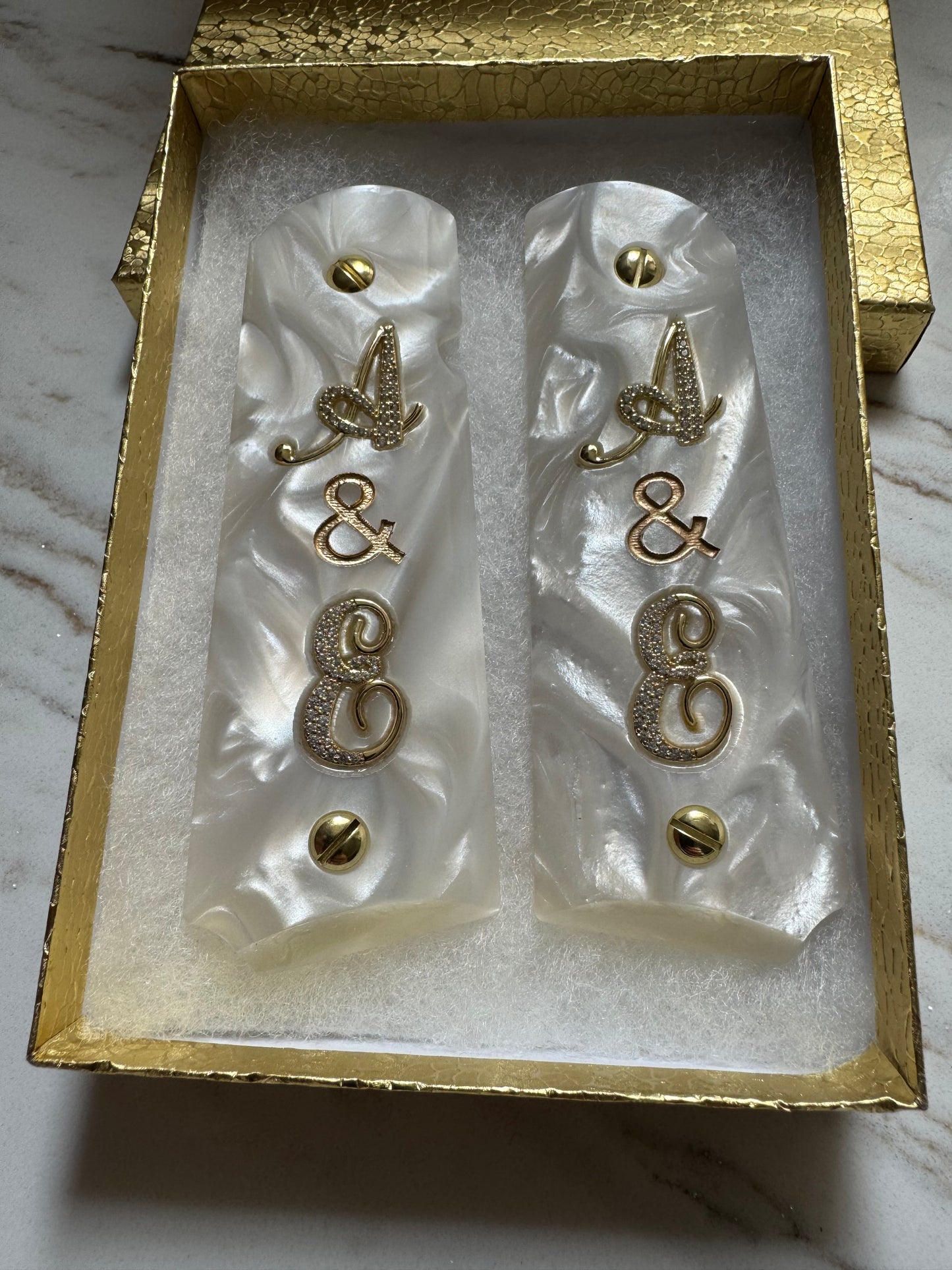 1911 Full Size White Pearl Grips “A & E” Gold Letter Inlays with CZ Stones Compatible with .45 ACP / .38 Super