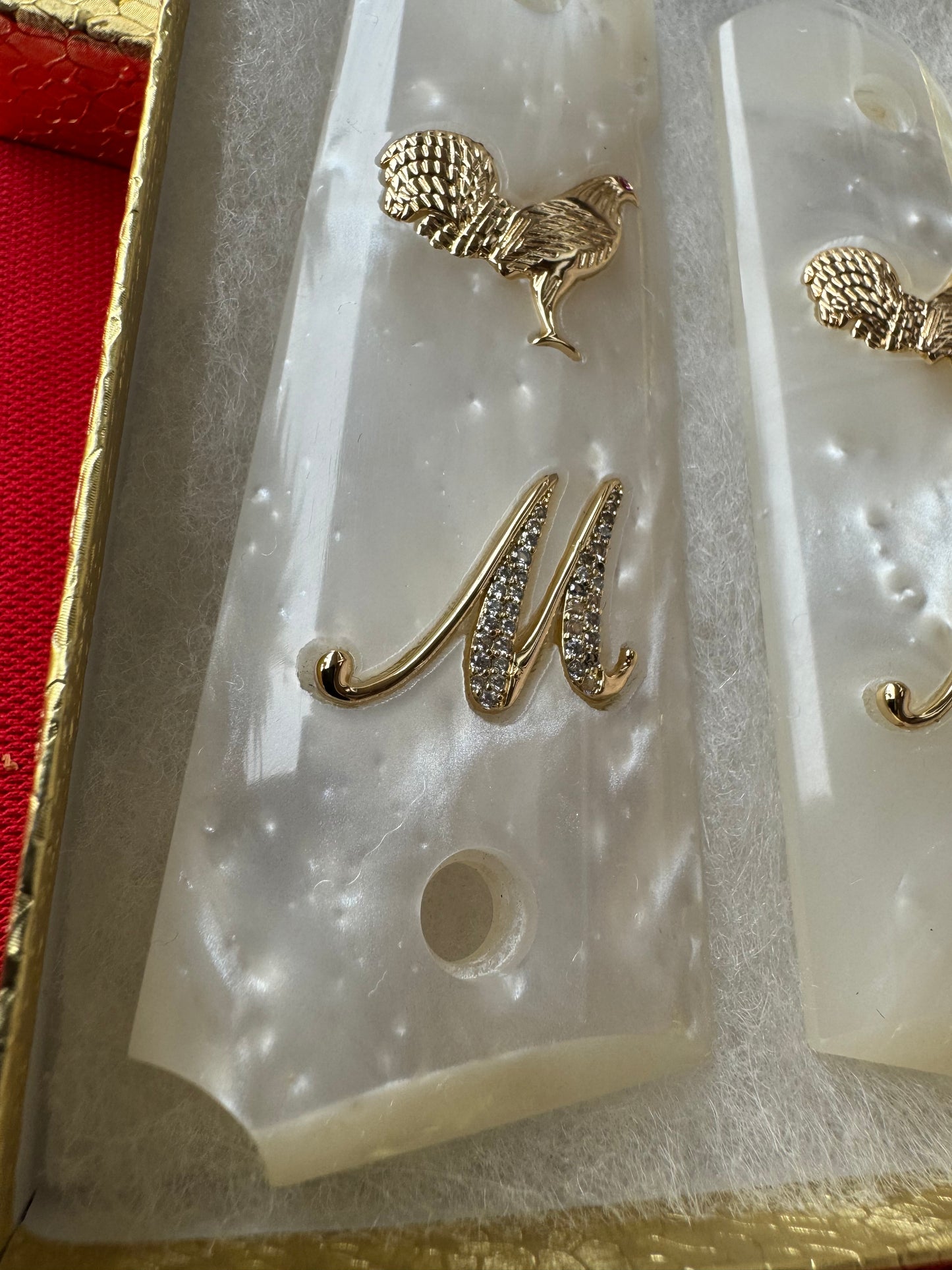 1911 Rooster “M” 24k Gold Plated Inlayed CZ stones Grips  White Pearl Grips