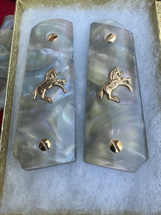 1911 Officers Model Colt Gold Horse Pearl Engraved grips 45 38 super Rare