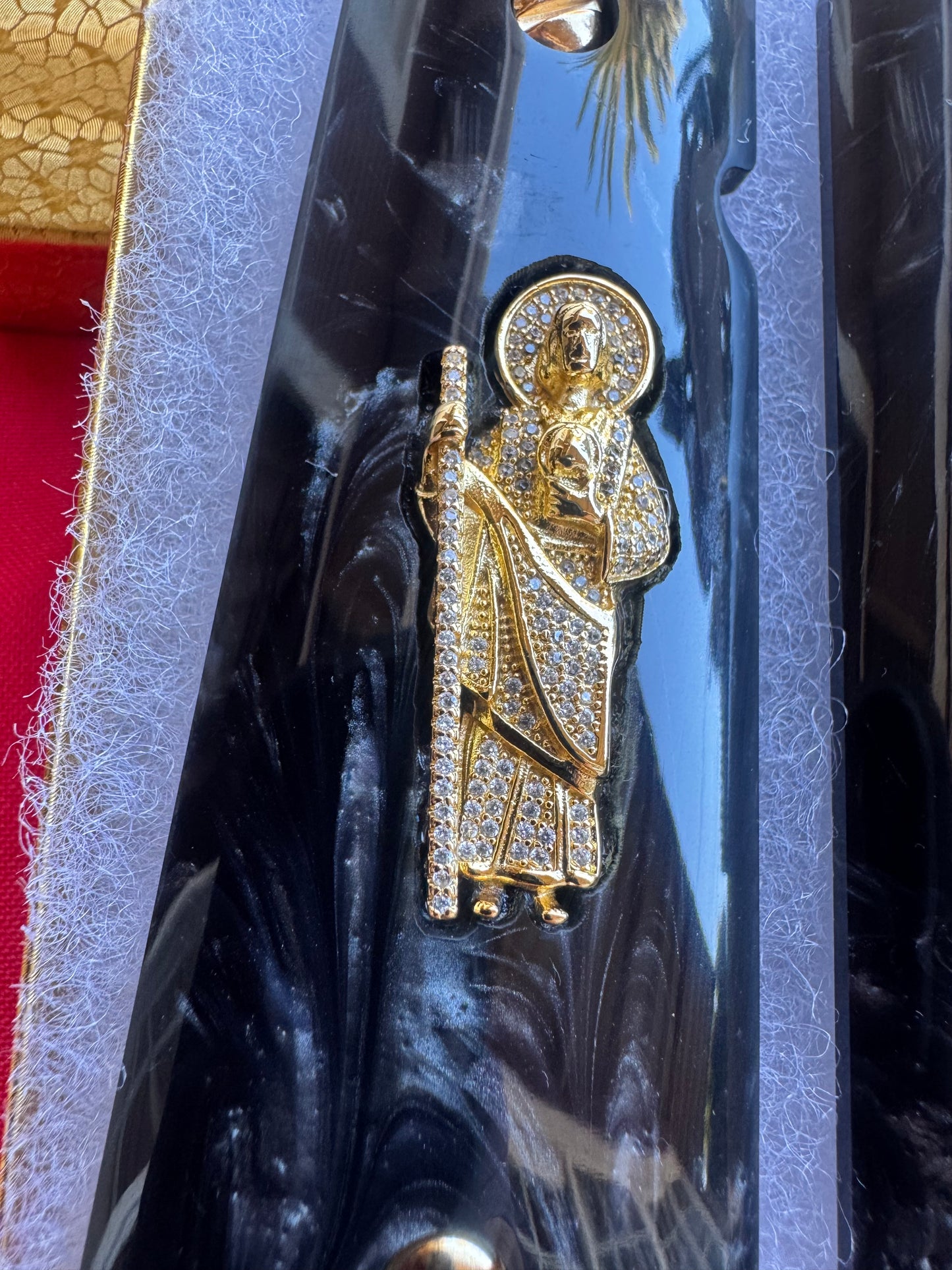 1911 San Judas Inlays with CZ Stones & 24K Gold Plated Screws Black Pearlite Grips