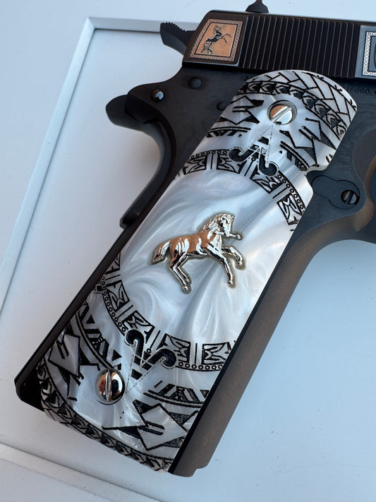 1911 Colt Nickel-Plated Horse Grips – Pearl with Aztec Motif Engraving (.45 ACP / .38 Super) – Rare