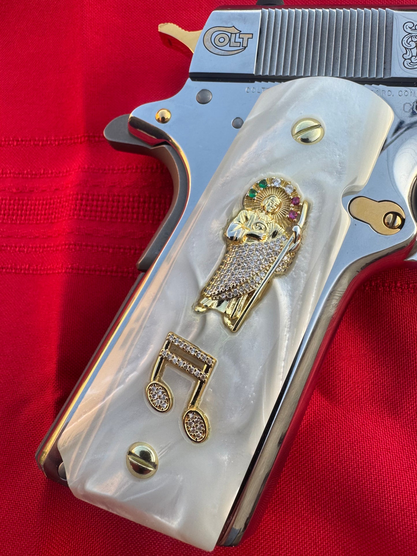 1911 White Pearl Grips – San Judas & Music Note Inlays with Gold plated Screws