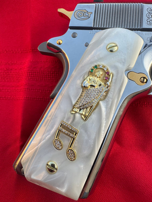 1911 White Pearl Grips – San Judas & Music Note Inlays with Gold plated  Screws