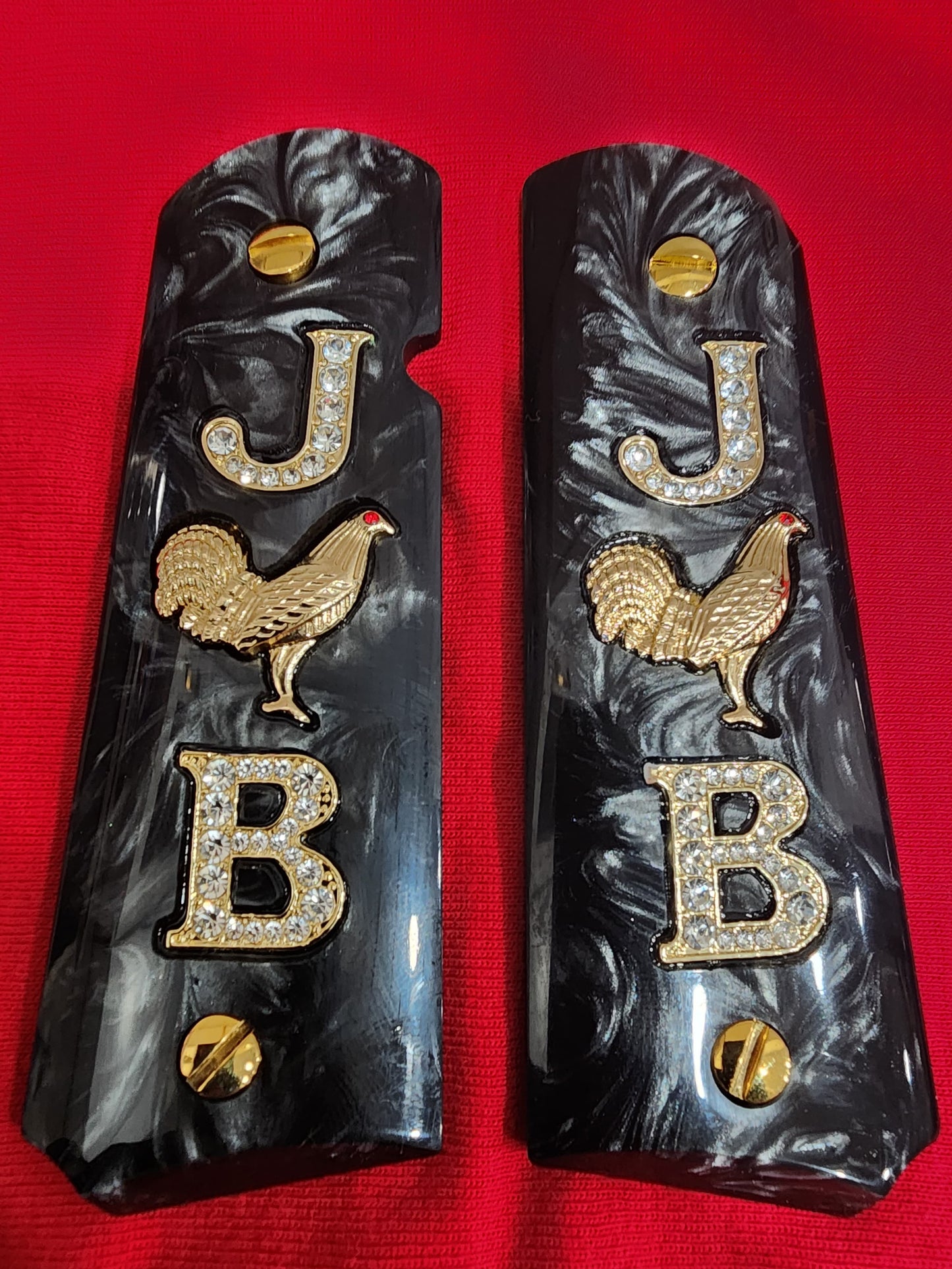 1911 Black Pearlite Grips Gold plated “J” Rooster “B” Inlays with 24K Gold Plated Screws