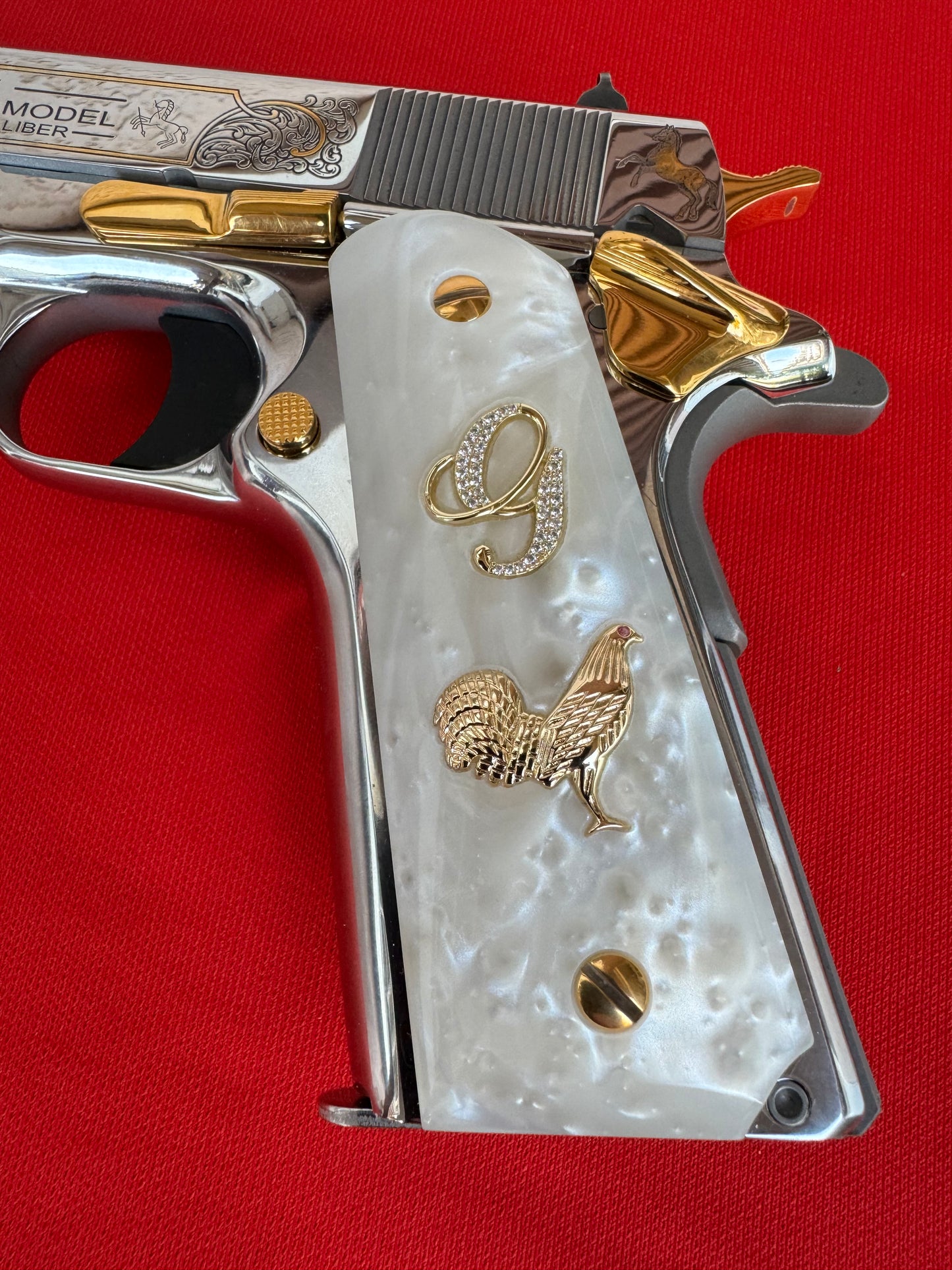 1911 Rooster “G” 24k Gold Plated Inlayed CZ stones Grips  White Pearl Grips
