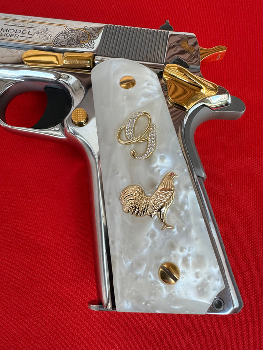 1911 Rooster “G” 24k Gold Plated Inlayed CZ stones Grips  White Pearl Grips