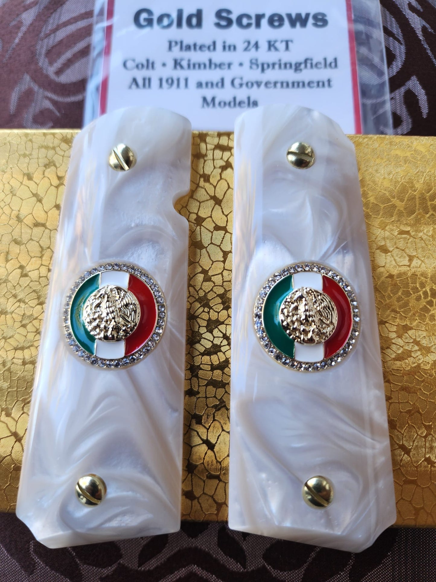 1911 Mexican Flag Inlays with CZ Stones & 24K Gold Plated Screws White Pearlite Grips
