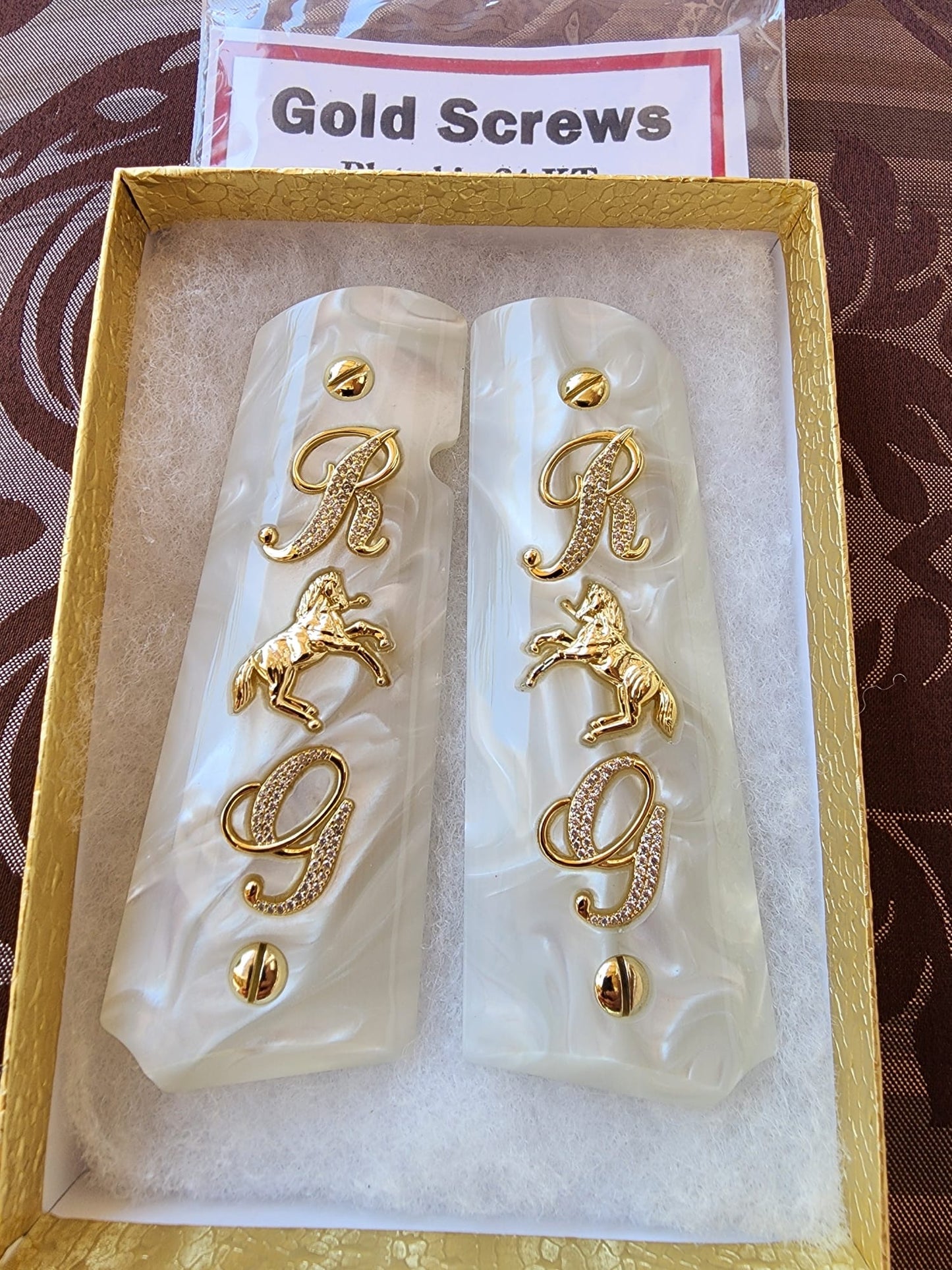 1911 White Pearl Grips Gold “R” & “G” Inlays with Horse Emblem & 24K Gold Plated Screws