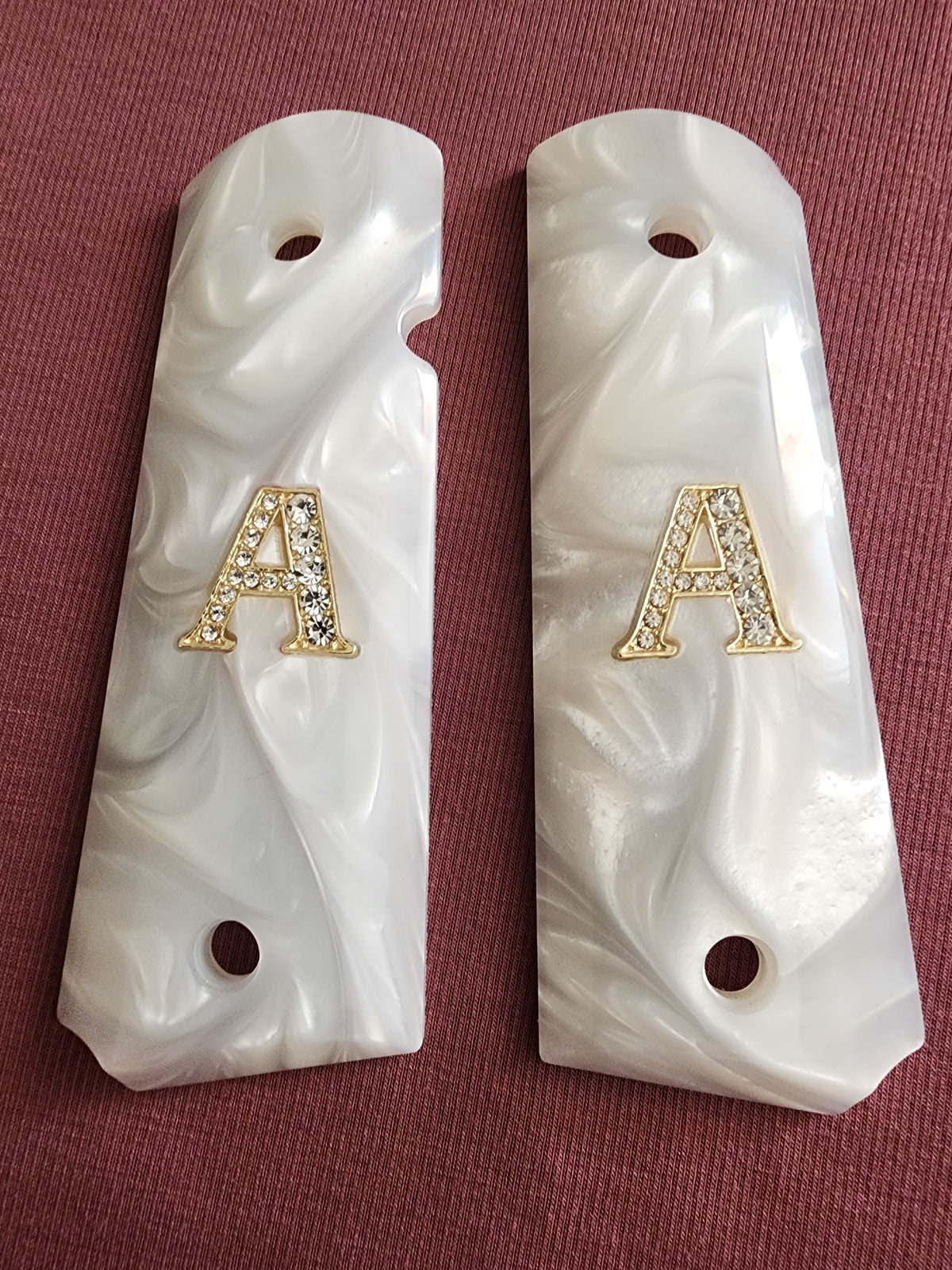 1911 White Pearlite Grips – 24k Gold plated “A” Emblem – Inlay