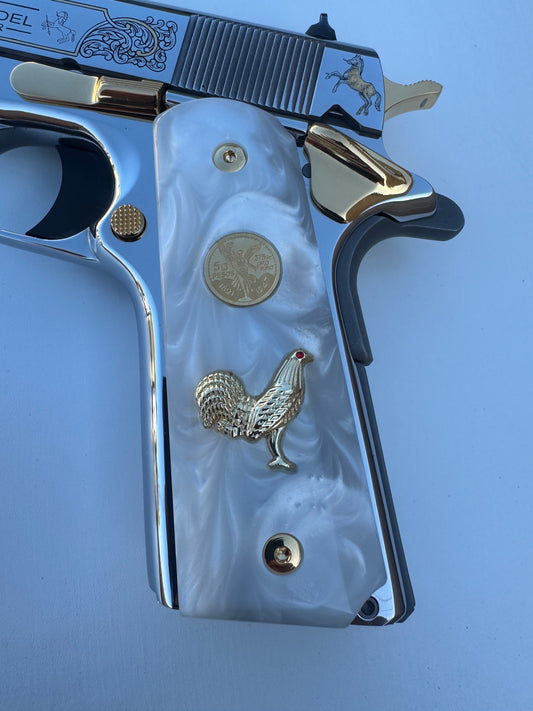 1911 Rooster Centenario 24k Gold Plated Inlayed CZ stone and Gold Fill  White Pearl Grips
