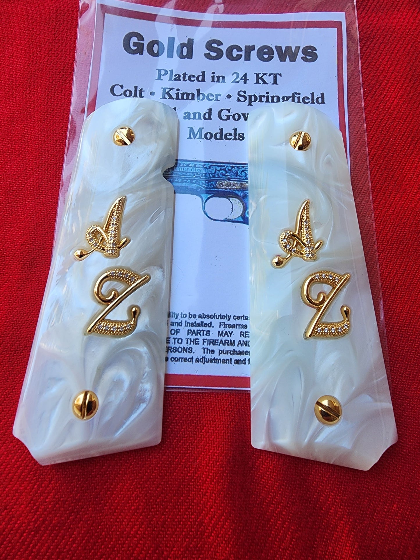 1911 White Pearl Grips Gold “A” “Z” Inlays with 24K Gold Plated Screws