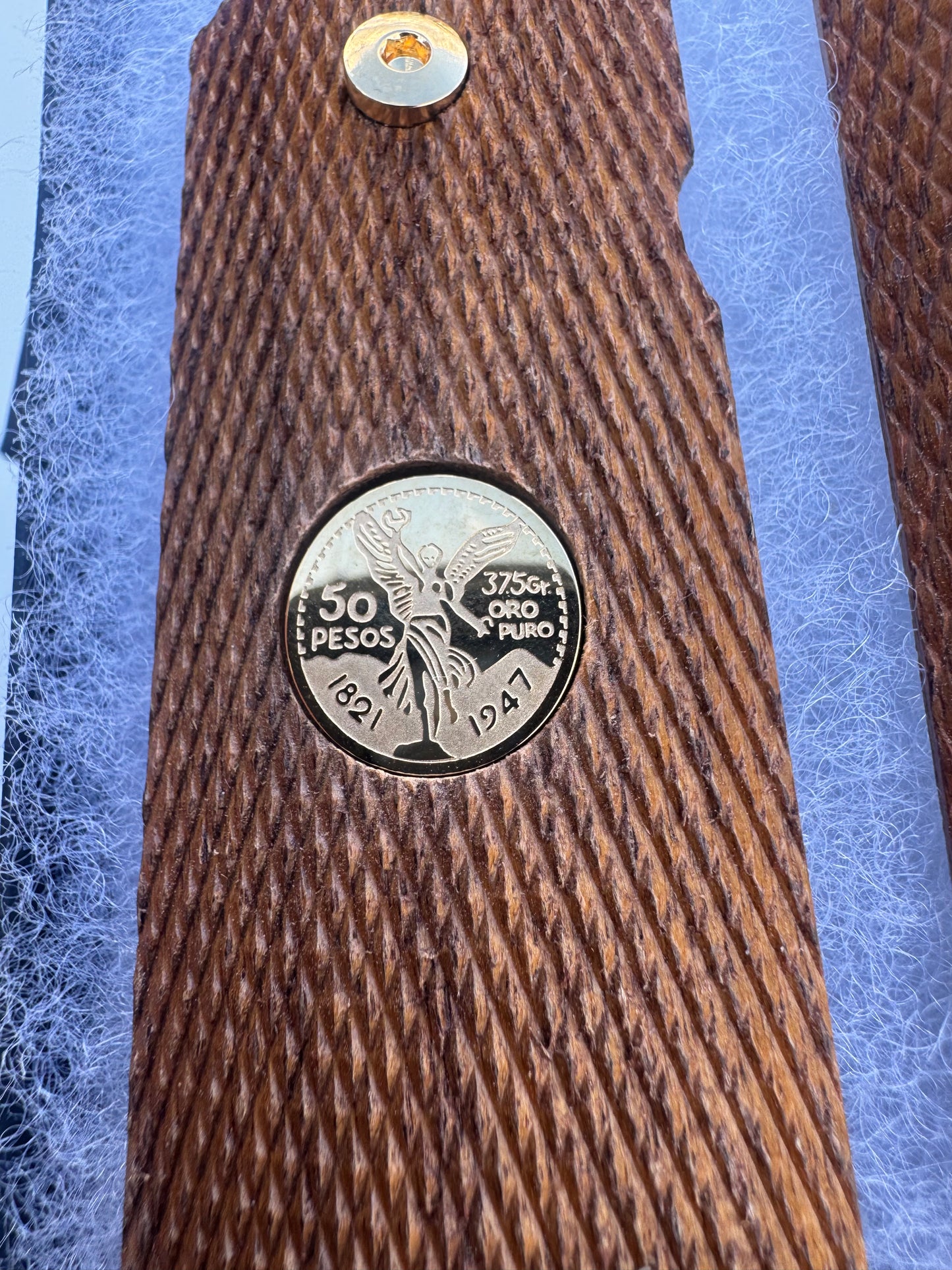 1911 Colt Series 70 Factory Original, Checkered Wood Grips with custom 24k Gold filled Mexican Medallion