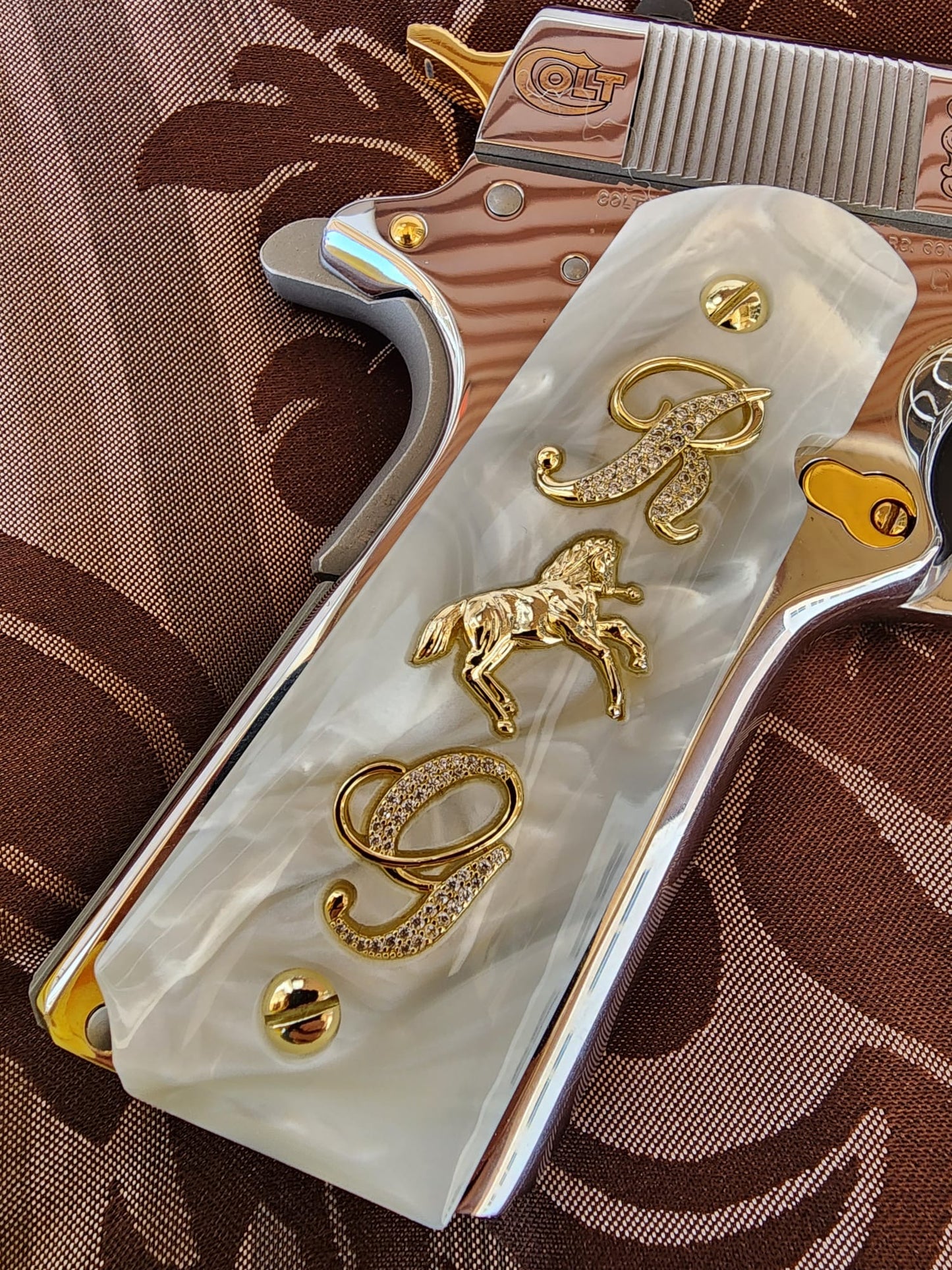 1911 White Pearl Grips Gold “R” & “G” Inlays with Horse Emblem & 24K Gold Plated Screws