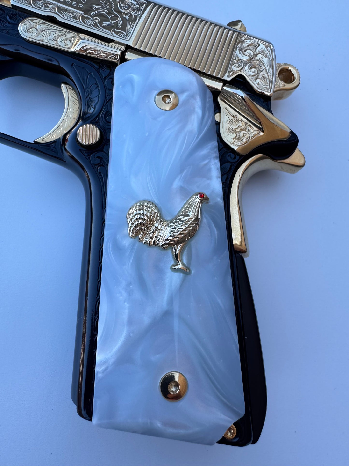 1911 Rooster 24k Gold Plated Inlayed CZ stone and Gold Fill  White Pearl Grips