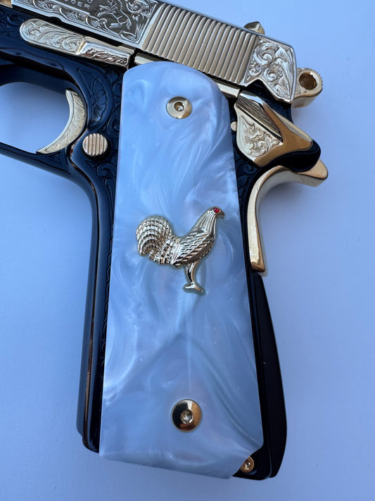1911 Rooster 24k Gold Plated Inlayed CZ stone and Gold Fill  White Pearl Grips