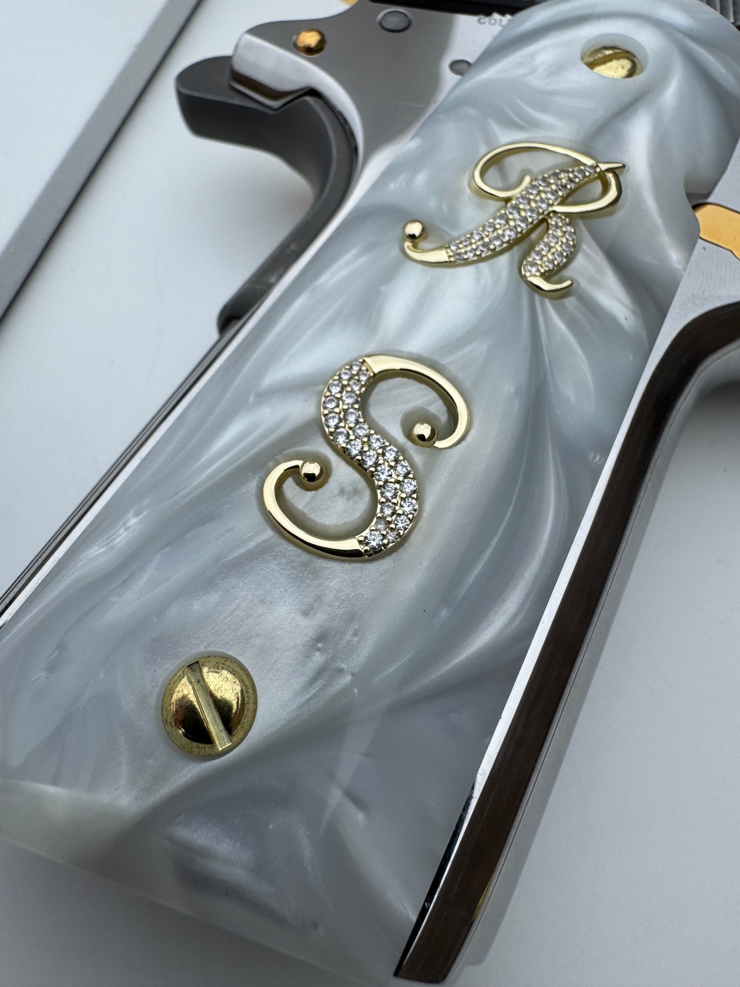 1911 “R” “S” 24k Gold Plated Inlayed CZ stones Grips white Pearl Grips