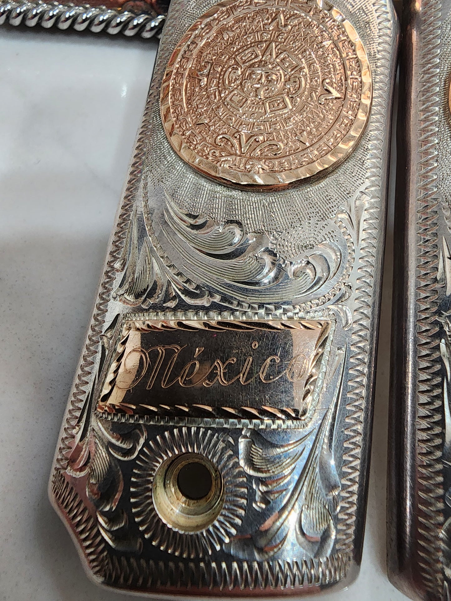 9.25 10kt gold inlay Silver Mexican Vintage Engraved Pistol Grips COLT 38 super/45