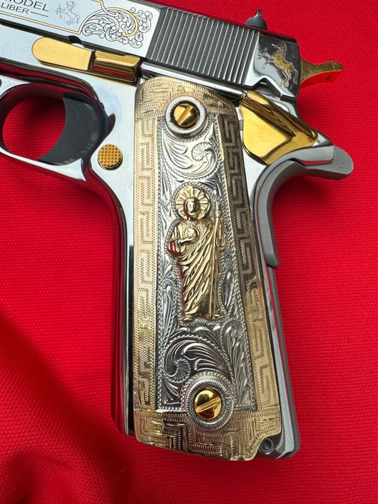 1911 9.25 Silver & 14kt GOLD Engraved Pistol Grips "SAN JUDAS 38 Super 45