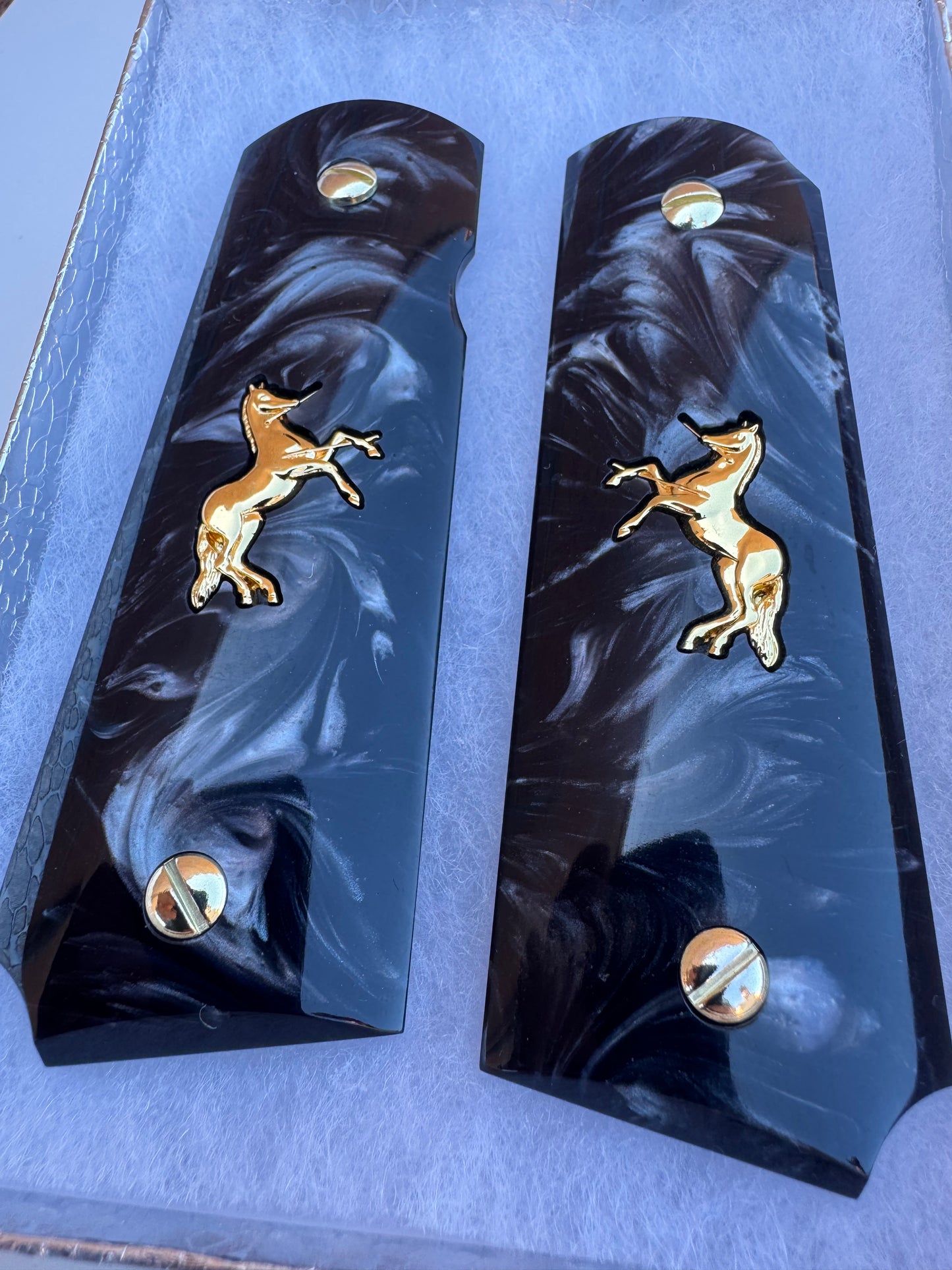 1911 Rampart Horse Black Pearl Grips 24k Plated .45 38 Super caliber