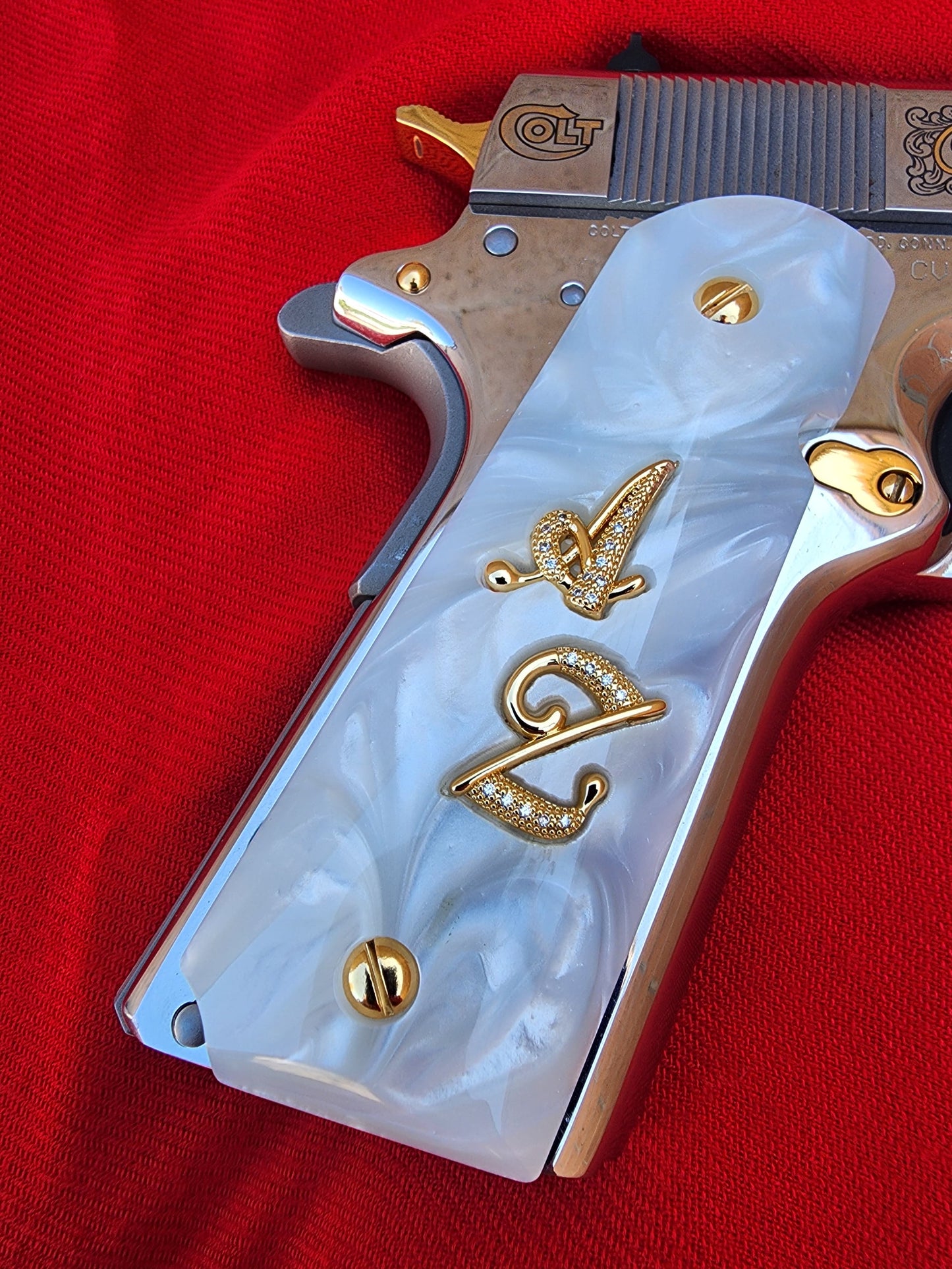 1911 White Pearl Grips Gold “A” “Z” Inlays with 24K Gold Plated Screws