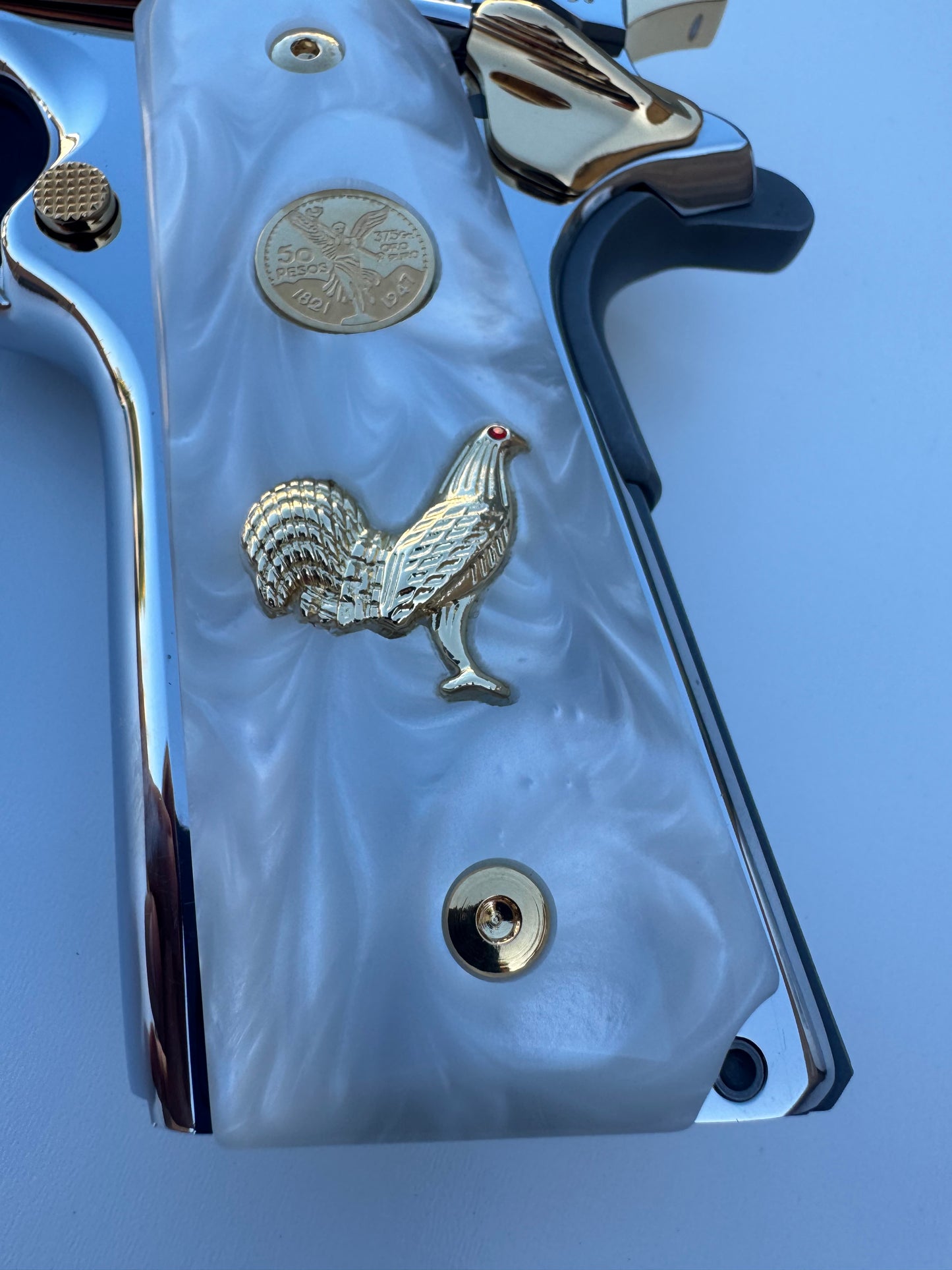 1911 Rooster Centenario 24k Gold Plated Inlayed CZ stone and Gold Fill  White Pearl Grips