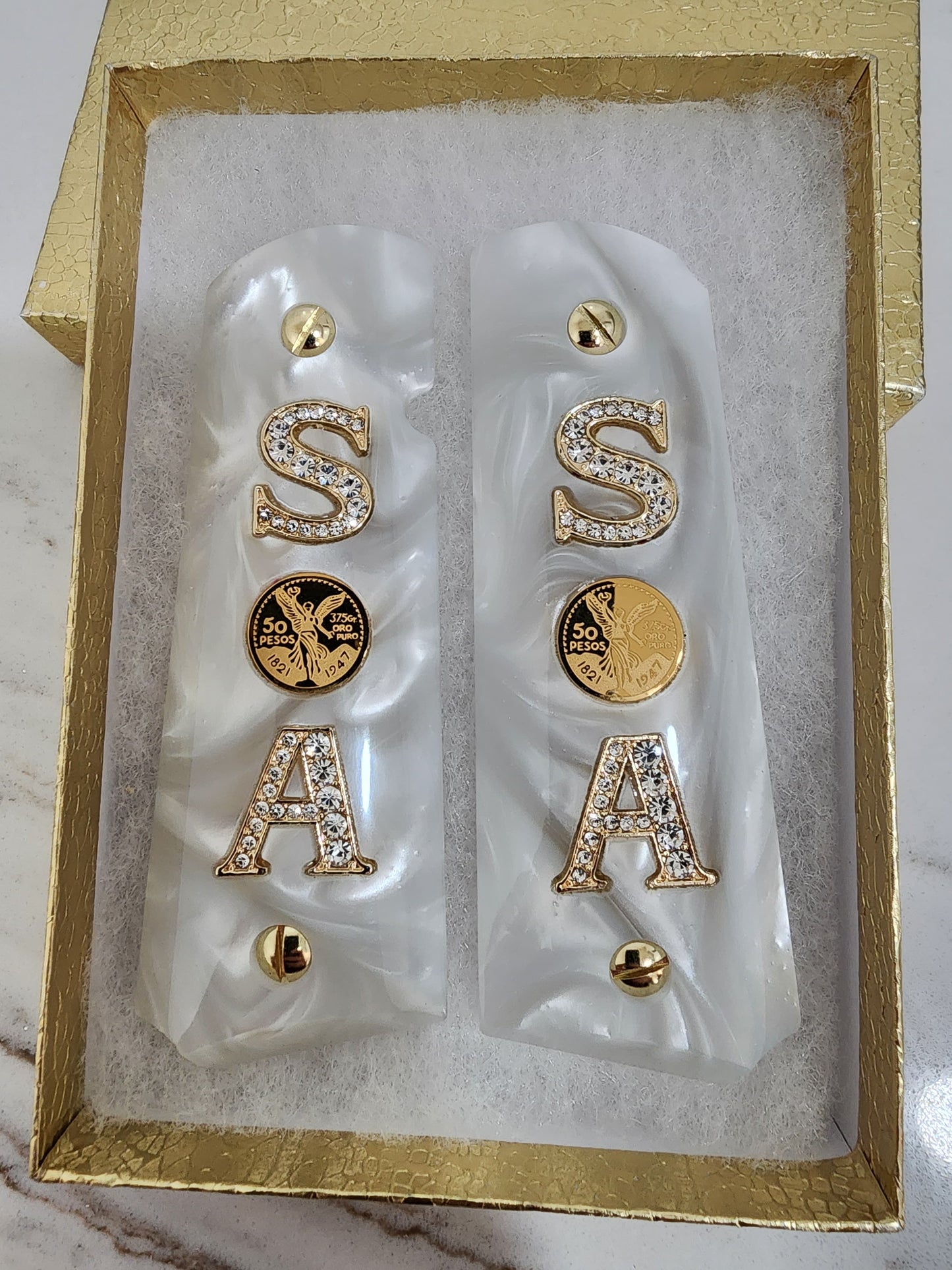 1911 “S” “Centenario” “A” 24k Gold Plated Inlayed CZ stones Grips Pearl