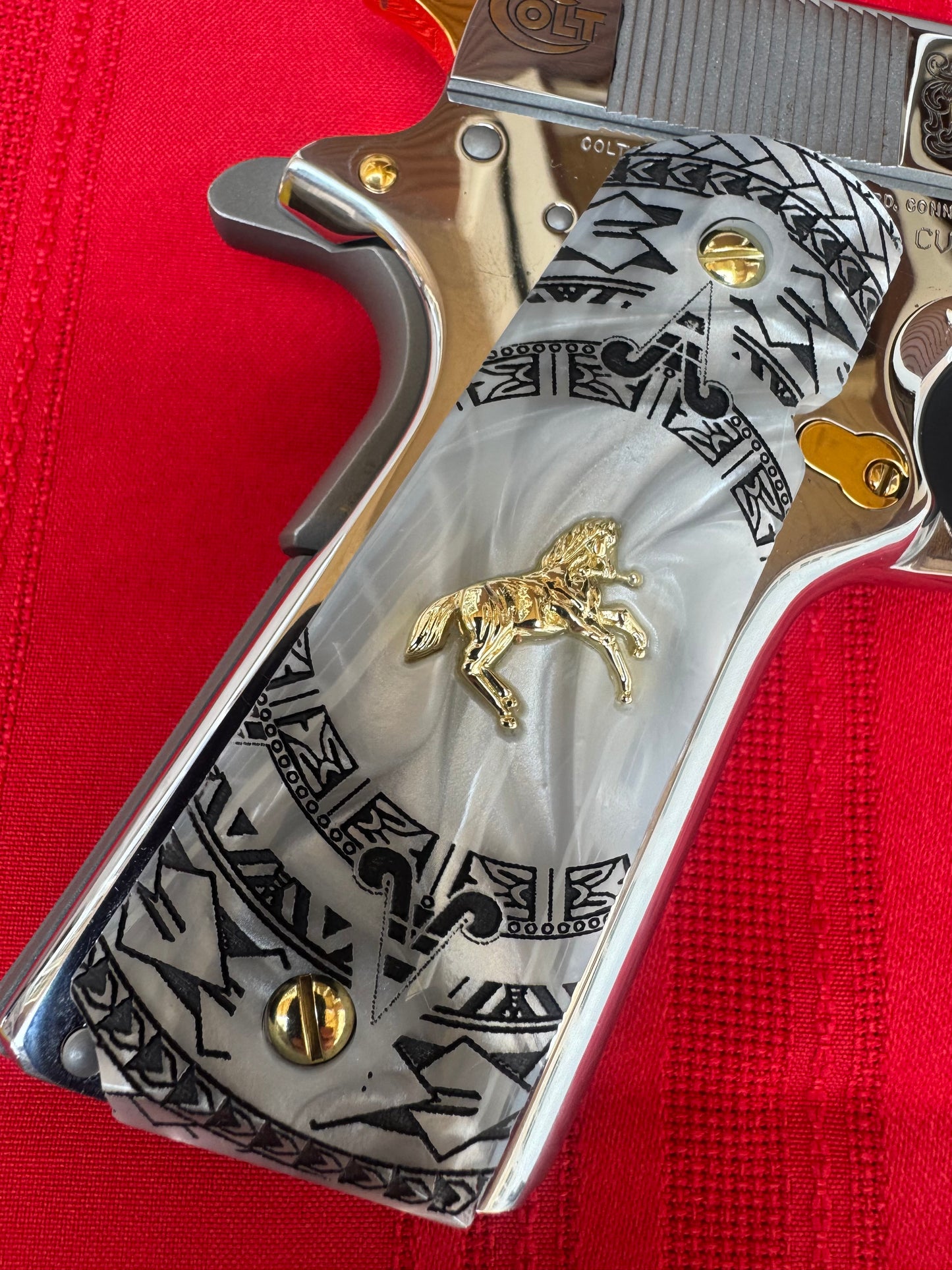 1911 Colt Gold-Plated Horse Grips – Pearl with Aztec Motif Engraving (.45 ACP / .38 Super) – Rare
