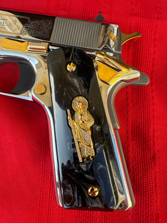 1911 San Judas Inlays with CZ Stones & 24K Gold Plated Screws Black Pearlite Grips