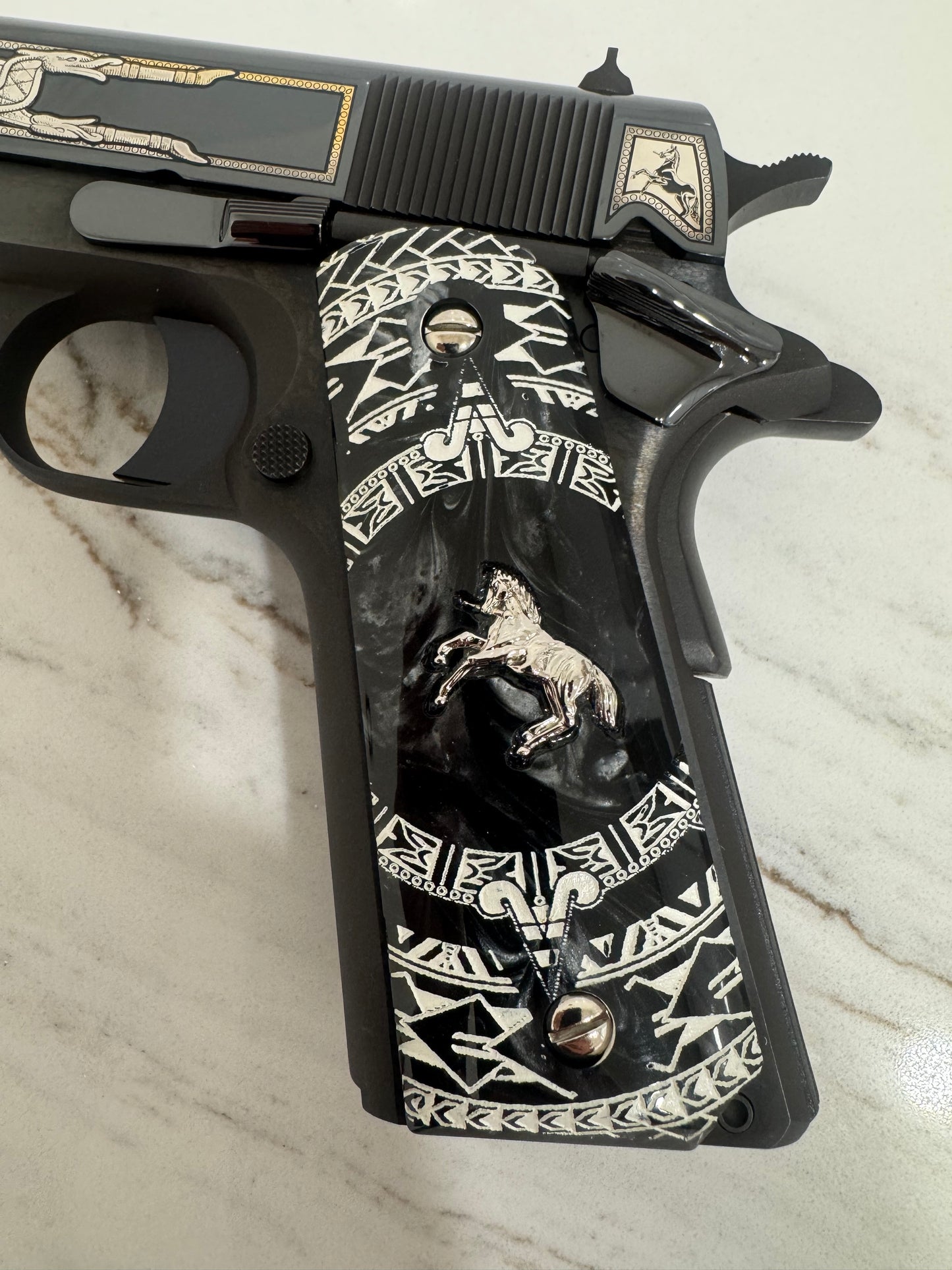 1911 Colt Nickel-Plated Horse Grips – Pearl with Aztec Motif Engraving (.45 ACP / .38 Super) – Rare