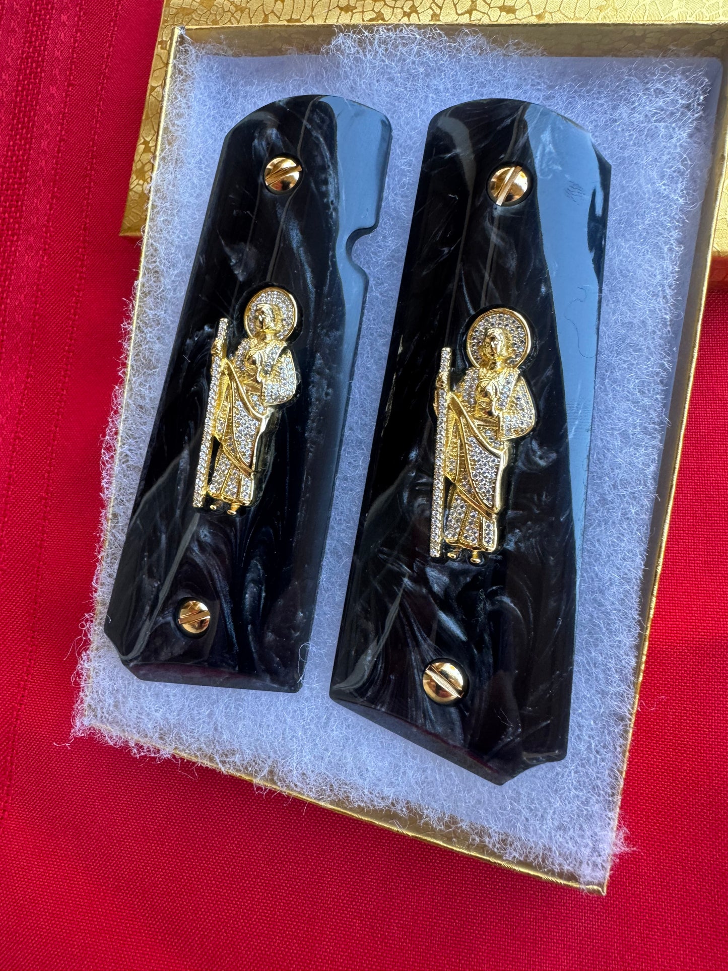 1911 San Judas Inlays with CZ Stones & 24K Gold Plated Screws Black Pearlite Grips