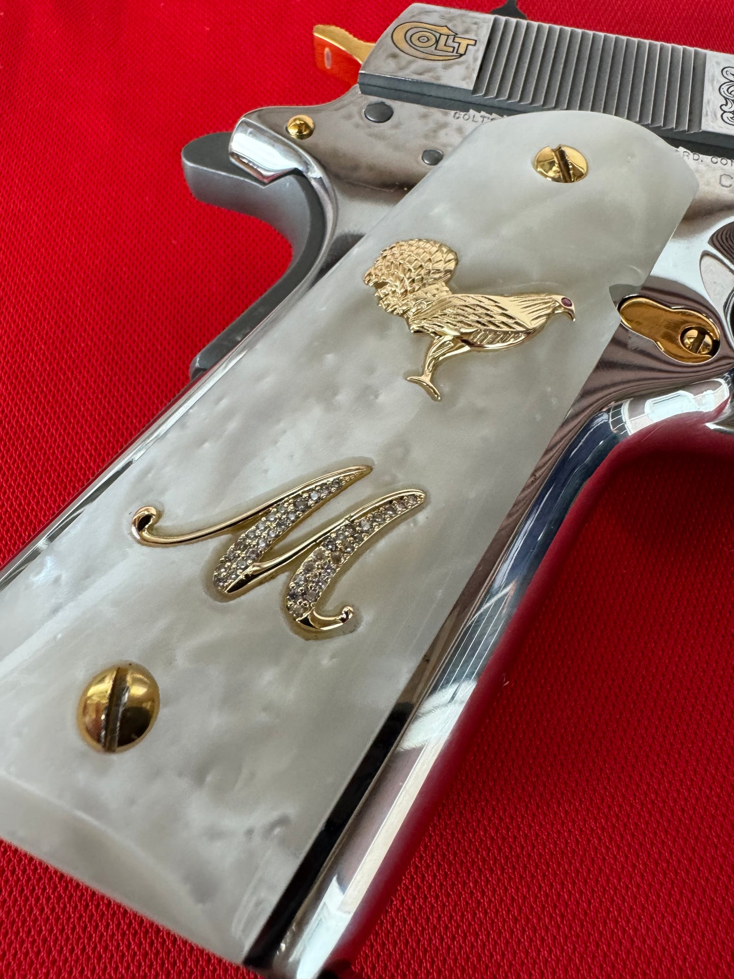 1911 Rooster “M” 24k Gold Plated Inlayed CZ stones Grips  White Pearl Grips