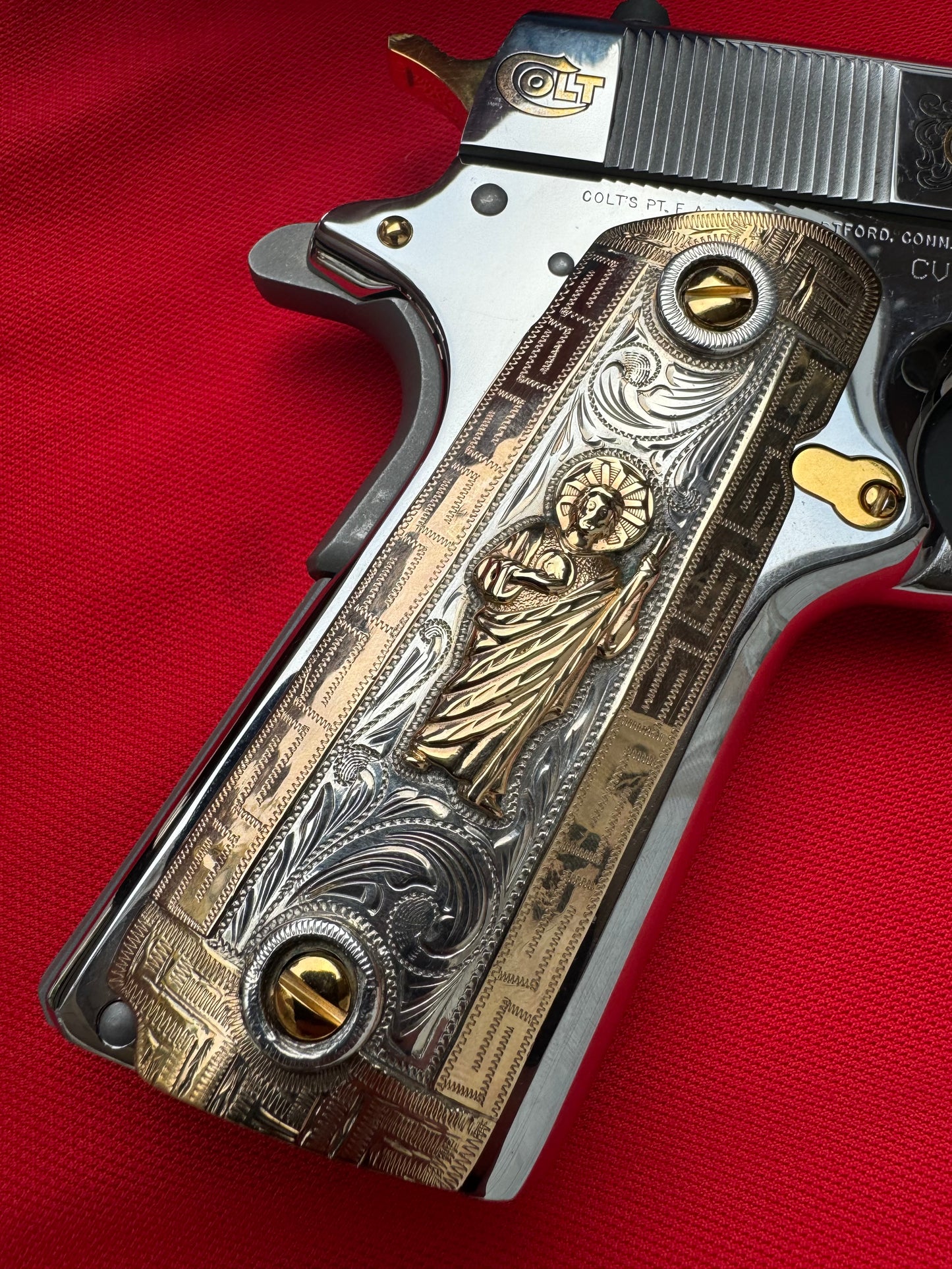1911 9.25 Silver & 14kt GOLD Engraved Pistol Grips "SAN JUDAS 38 Super 45