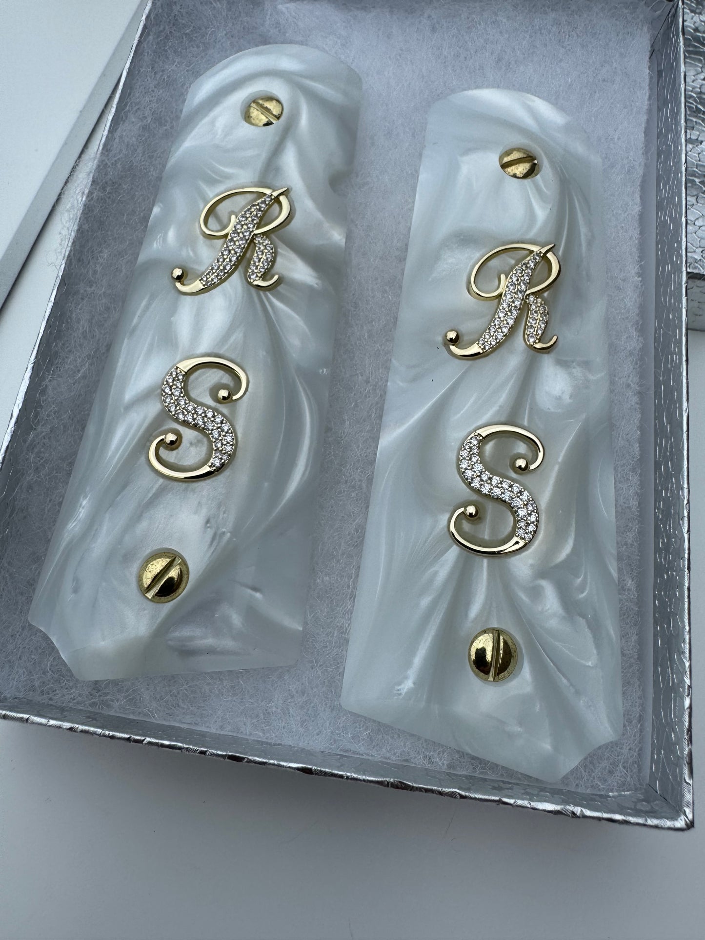 1911 “R” “S” 24k Gold Plated Inlayed CZ stones Grips white Pearl Grips