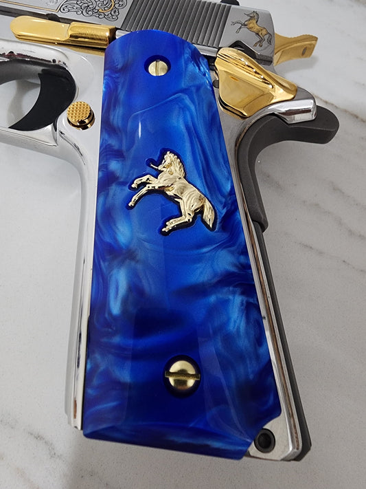 1911 Grips – Royal Swirl Blue Pearl with Rampart Horse Emblem (24k Gold Screws)