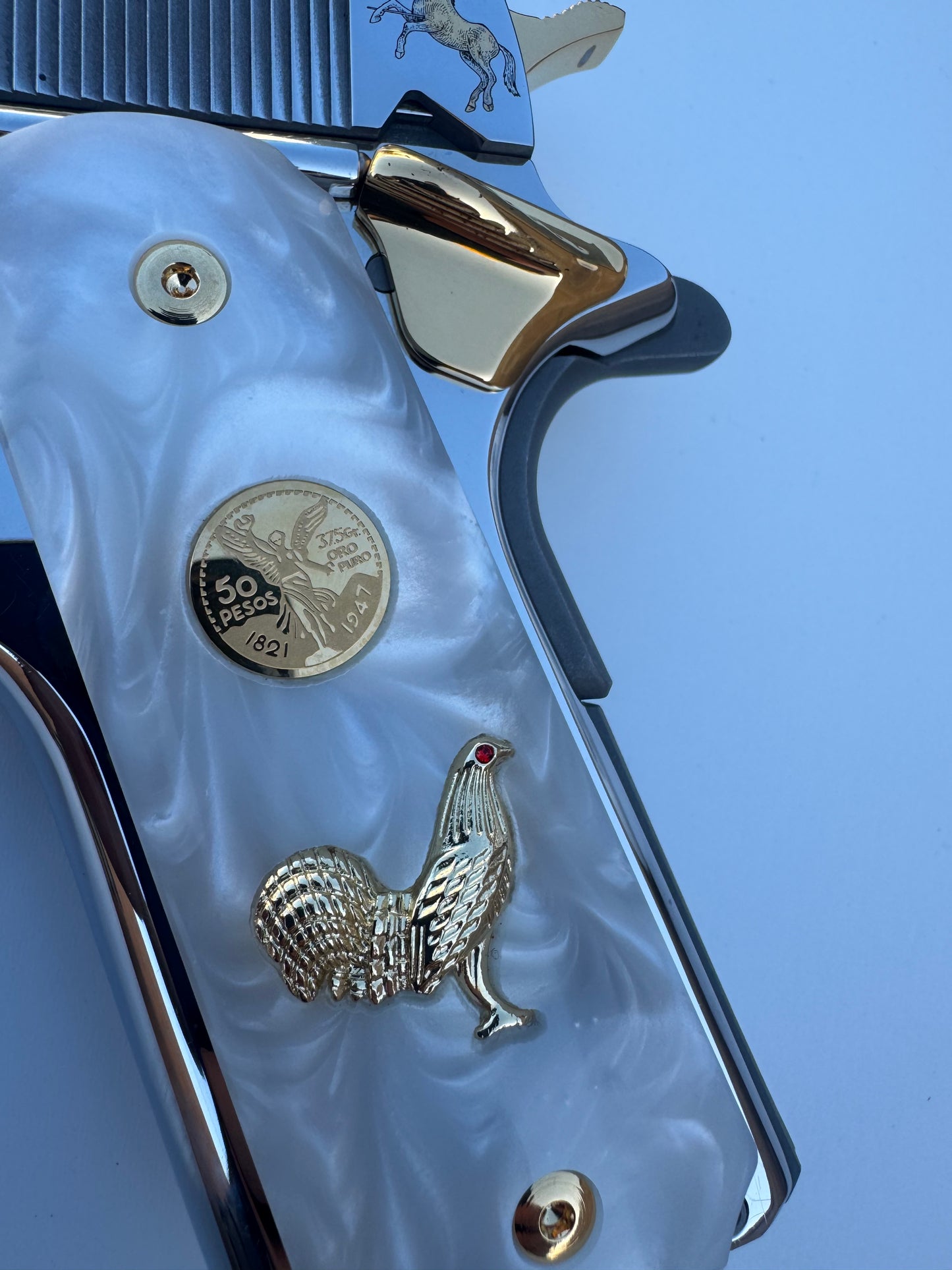 1911 Rooster Centenario 24k Gold Plated Inlayed CZ stone and Gold Fill  White Pearl Grips