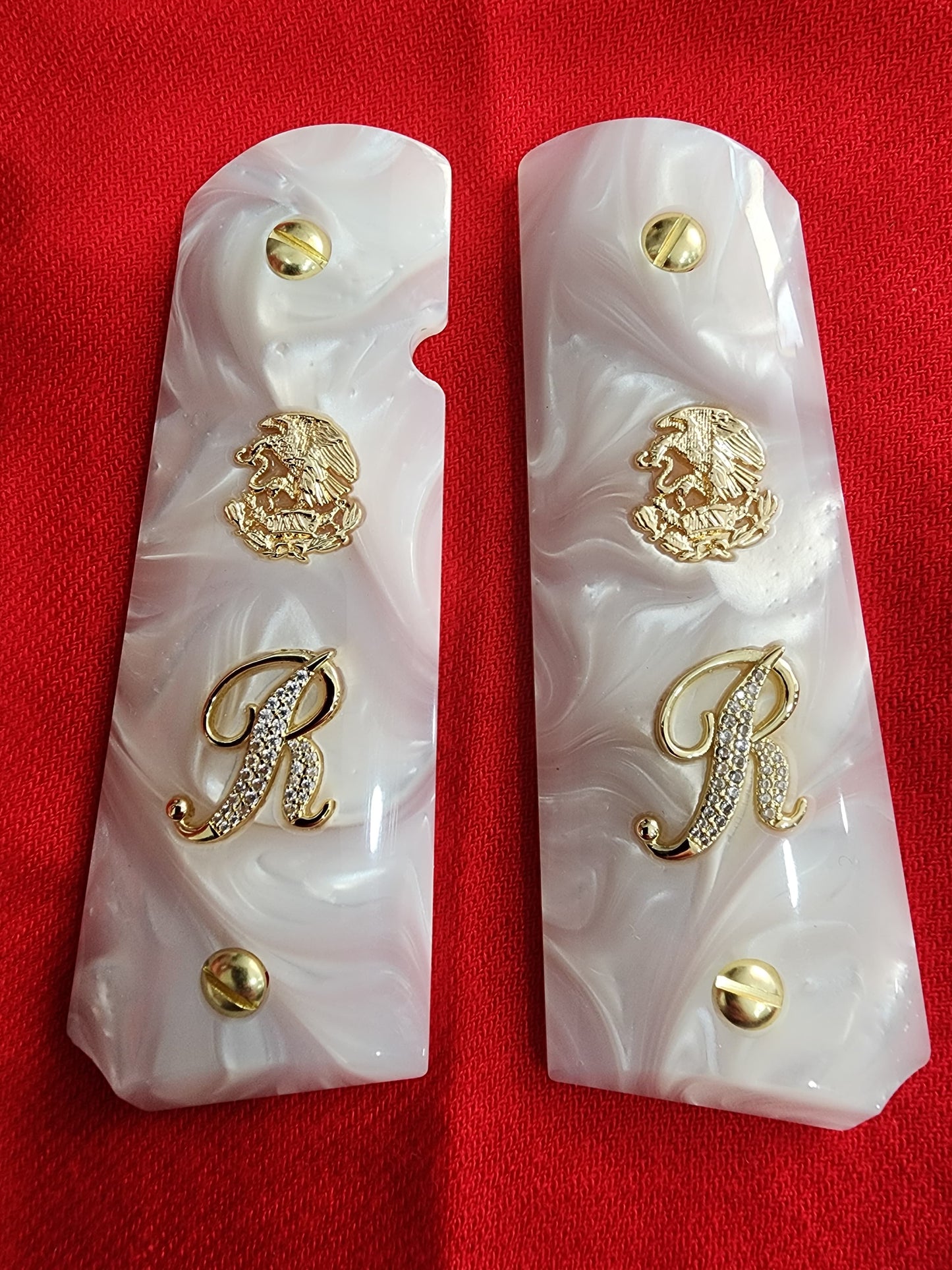 1911 White Pearlite Grips – Custom “R” Letter with Gold Mexican Eagle Inlay 38 super 45 caliber.