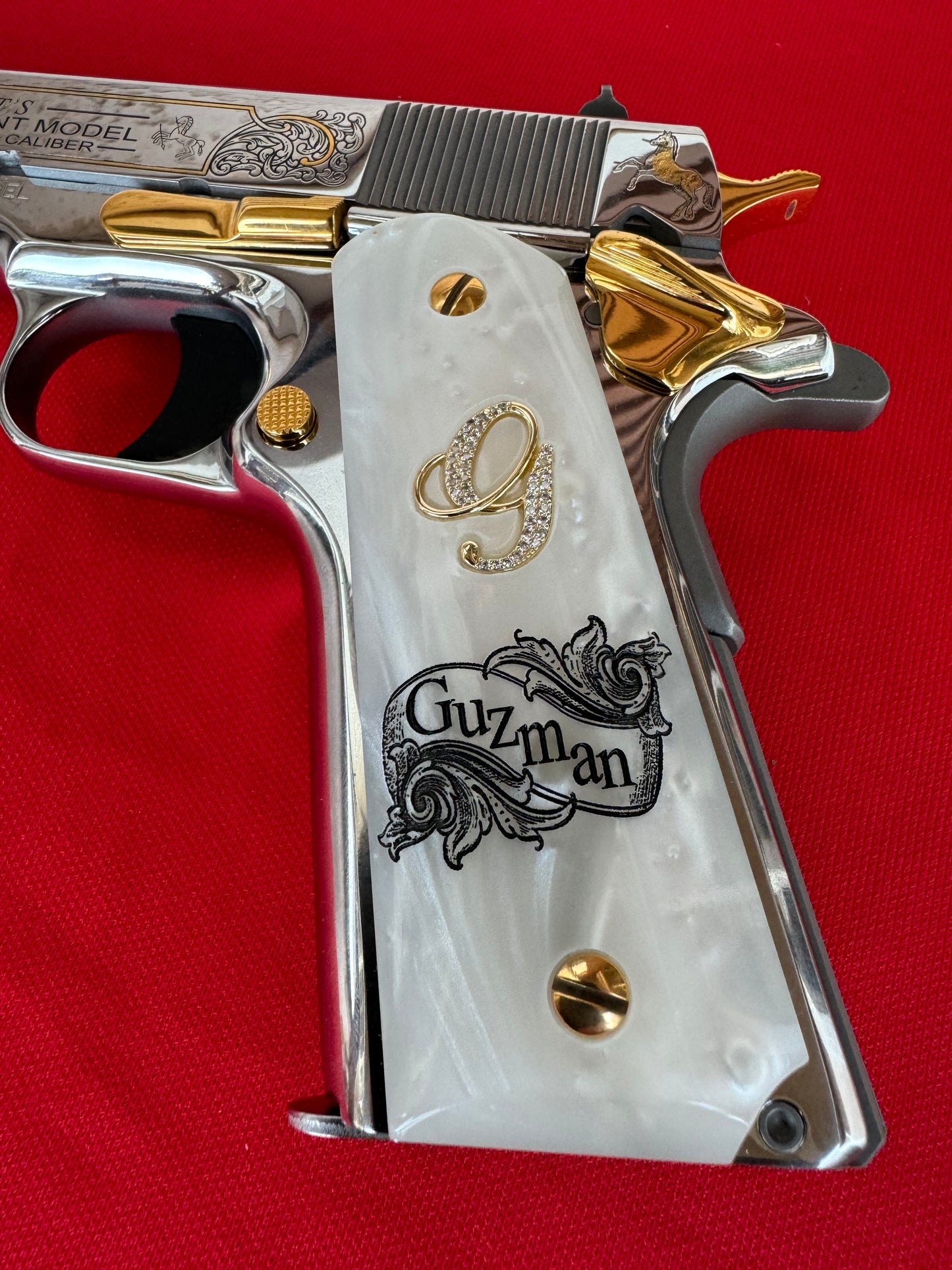 1911 “G” Last Name “Guzman” 24k Gold Plated Inlayed CZ stones Grips  White Pearl Grips
