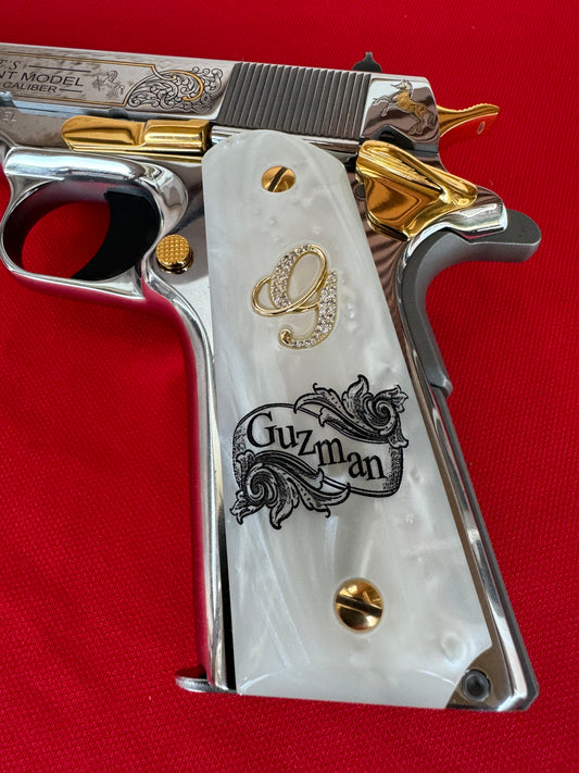1911 “G” Last Name “Guzman” 24k Gold Plated Inlayed CZ stones Grips  White Pearl Grips