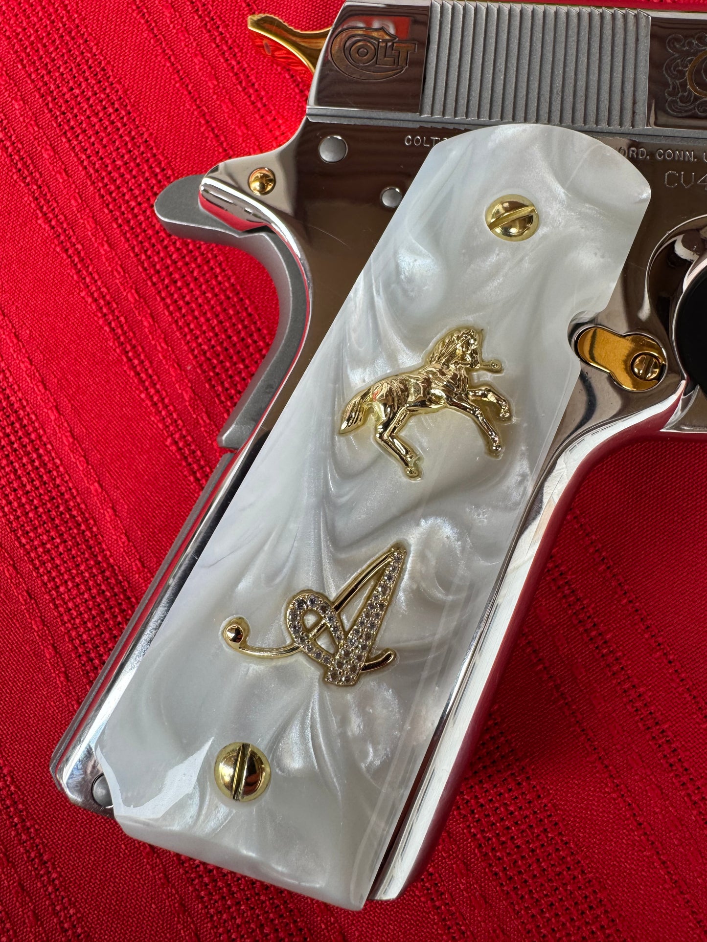 1911 White Pearl Grips “A” Letter Inlay with CZ Stones 24K Gold Plated Horse