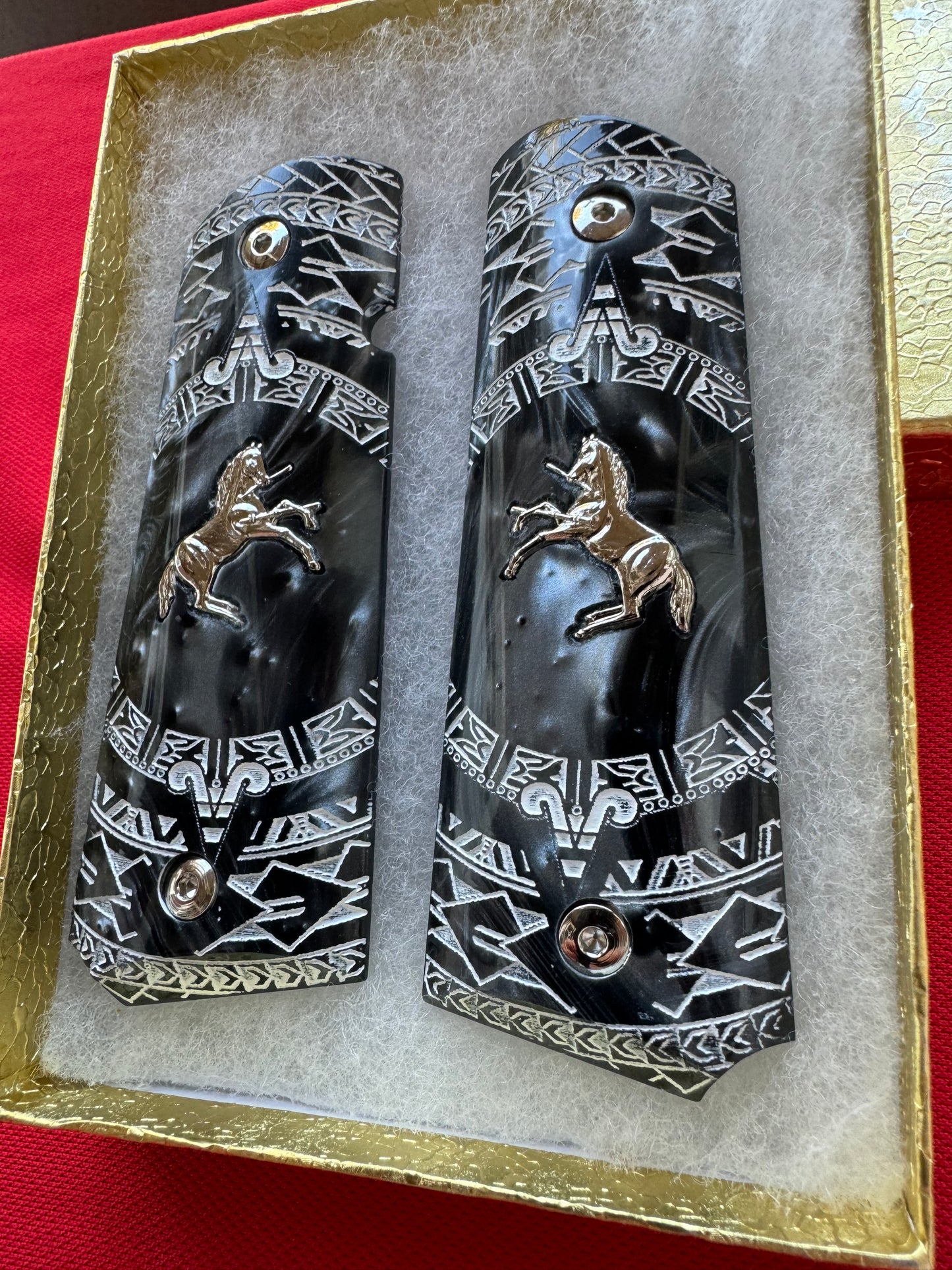 1911 Colt Gold Horse Plated Black Pearl Aztec Motif Engraved grips 45 38 super Rare