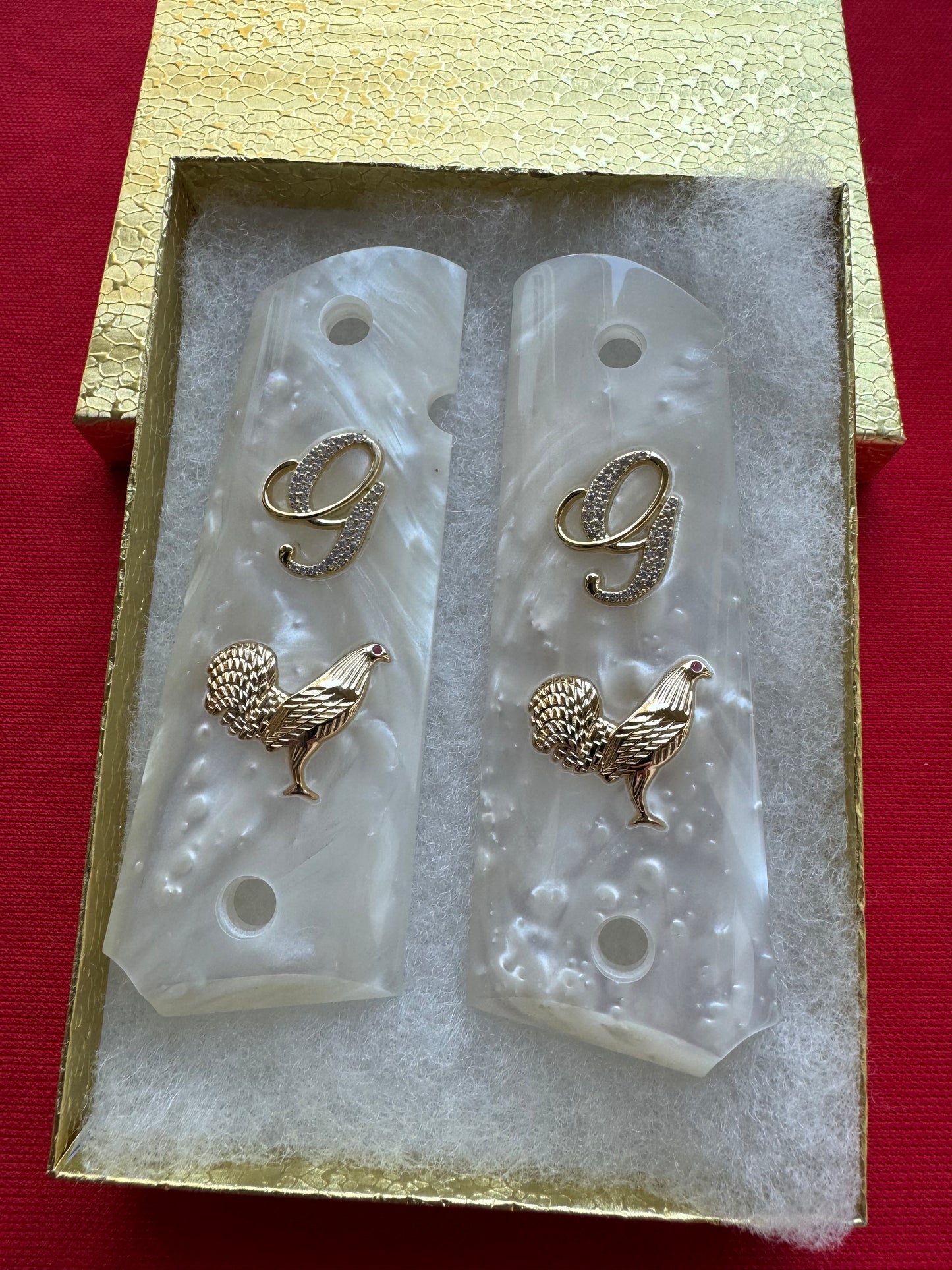 1911 Rooster “G” 24k Gold Plated Inlayed CZ stones Grips  White Pearl Grips